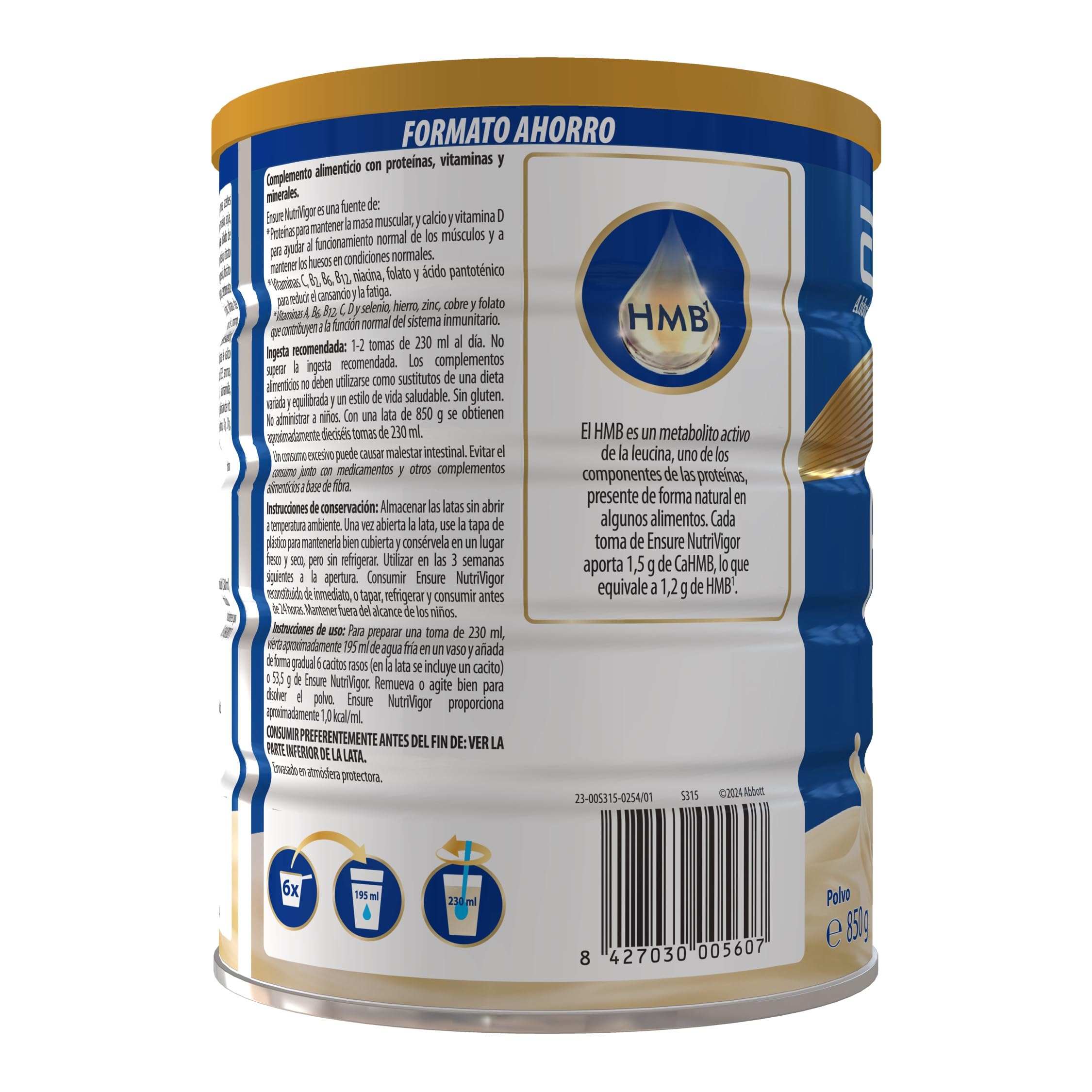 PACK AHORRO Ensure Nutrivigor - Complemento Alimenticio para Adultos, con HMB, Proteínas, Vitaminas y Minerales, como el Calcio- Sabor Vainilla- 850 g + 400g