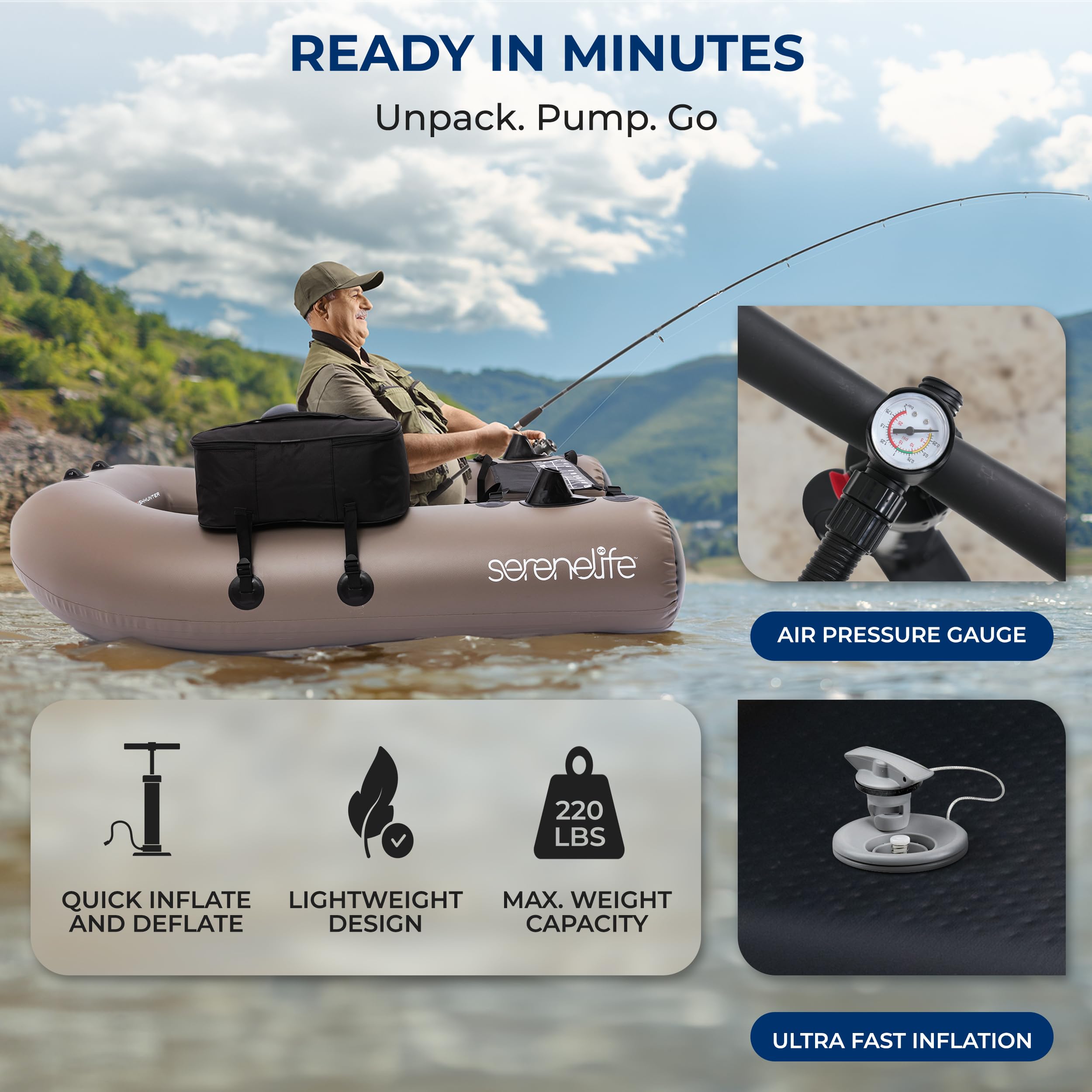 SereneLife dmuchany ponton wędkarski – PVC belly boat do wędkowania z uchwytami na wędki, 2 wodoodporne kieszenie, miarka do ryb, udźwig 220 lbs