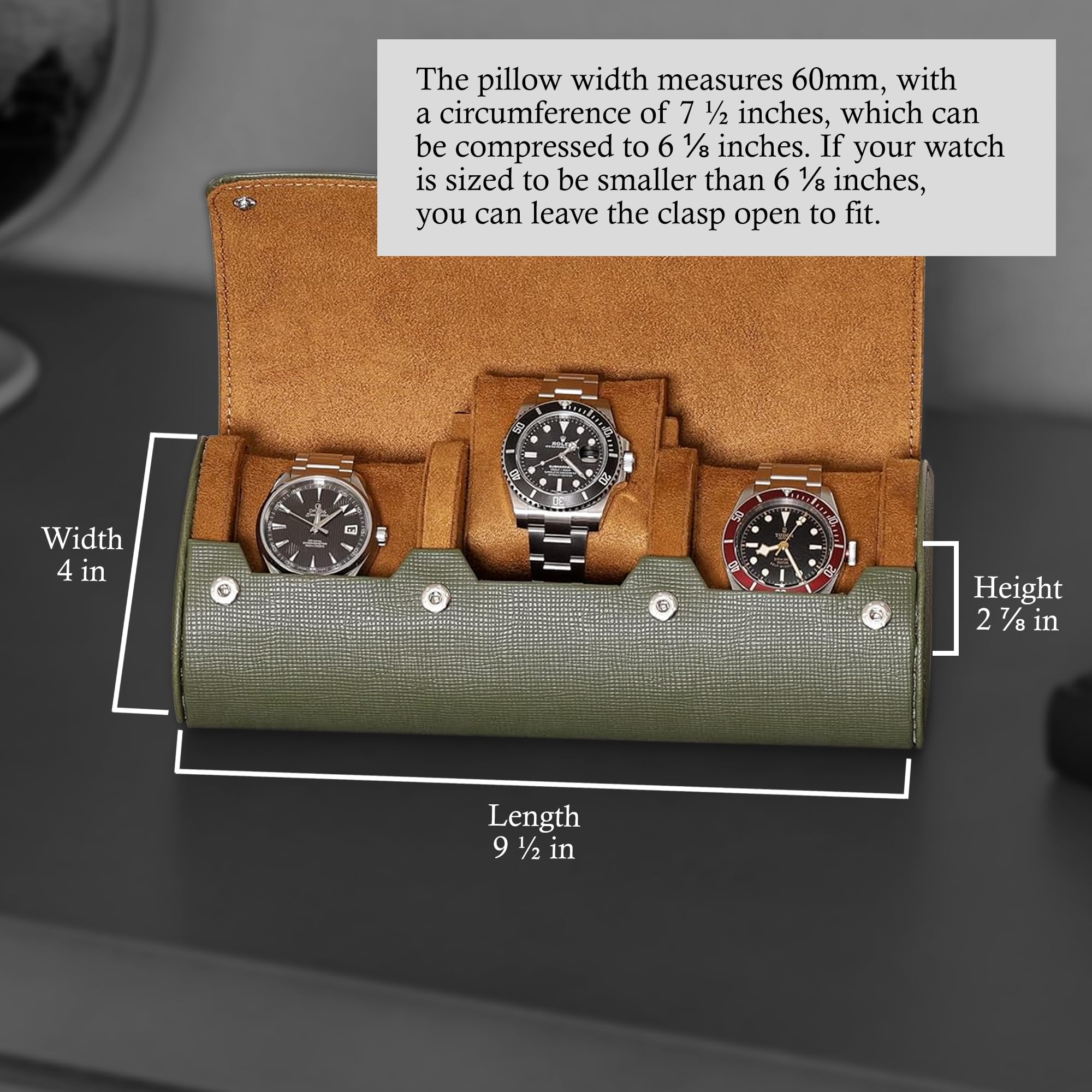 ROTHWELL Watch Roll Travel Case for 3 Watches | Tough Portable Protection, Fits All Wrist Watches & Smart Watches Up to 50mm (Green/Tan)