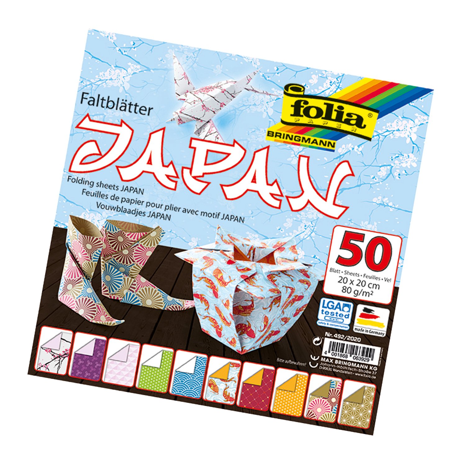 Bringmann Folia ornamental origami paper 80 g/m², 50 sheets in 5 designs, assorted, JAPAN 20x20cm, 20 x 20 cm