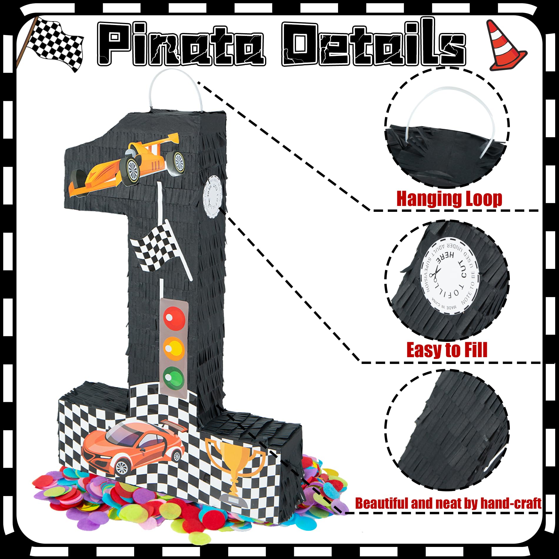 PCFING Piñata número 1 de coche de carreras de 20 pulgadas con palo de piñata de 30 pulgadas, confeti vendado para niños, niñas, adultos, carreras, decoraciones de fiesta de cumpleaños, celebración de