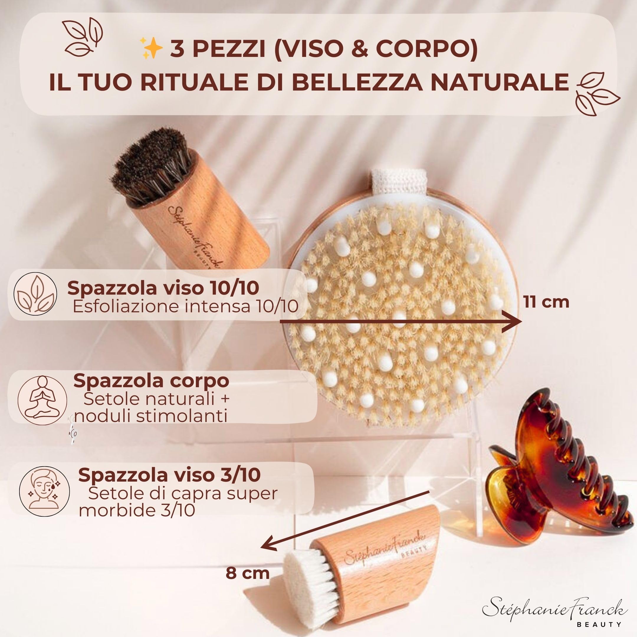 Set Spazzole Corpo e Viso per Spazzolatura a Secco - Esfoliante Naturale con Setole Morbide e Dure - Legno Naturale - Pelle Liscia e Tonica - Idea Regalo Donna e Uomo