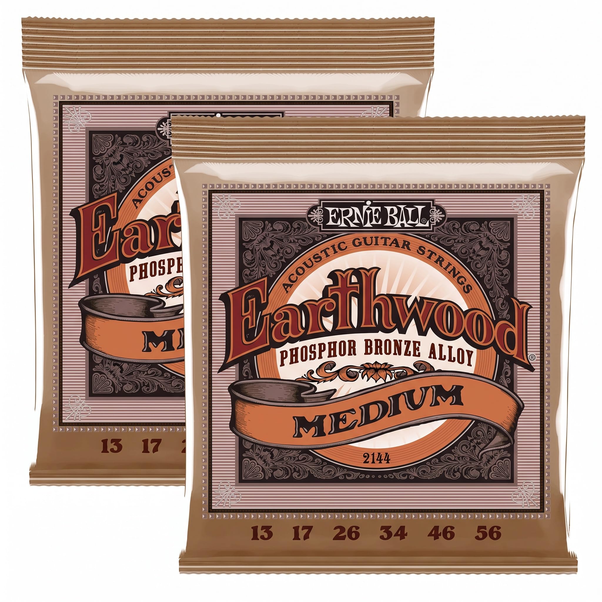 Ernie Ball Earthwood Medium Phosphor Bronze Acoustic Guitar Strings, 13-56 Gauge (Pack of 2)