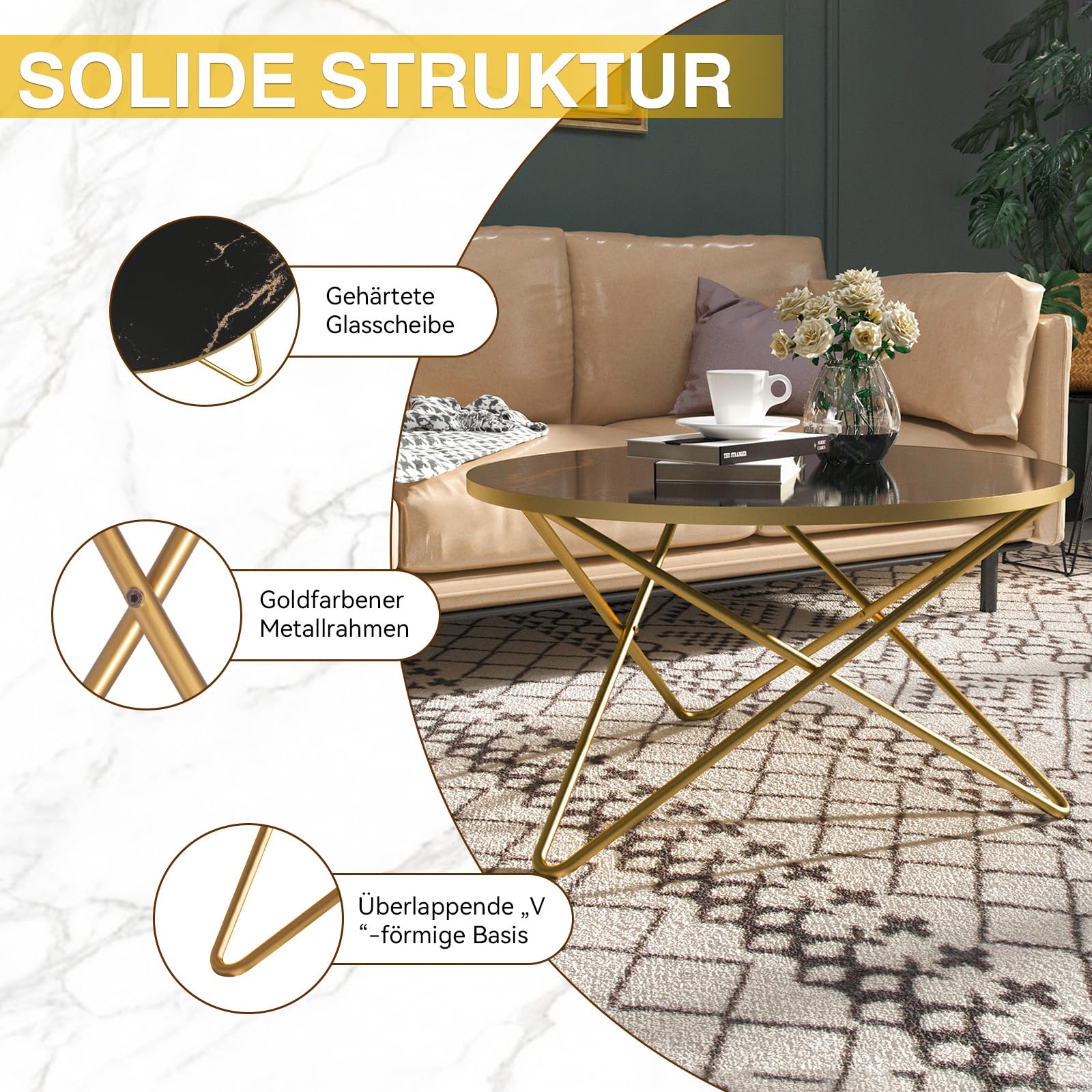 HOLTICO Couchtisch Beistelltisch Rund, Wohnzimmertisch Sofatisch für Wohnzimmer Garten Balkon Schlafzimmer,Tisch Rund Modern,Pflanzentisch Outdoor mit Marmormuster (Schwarz 2, 80 * 80)