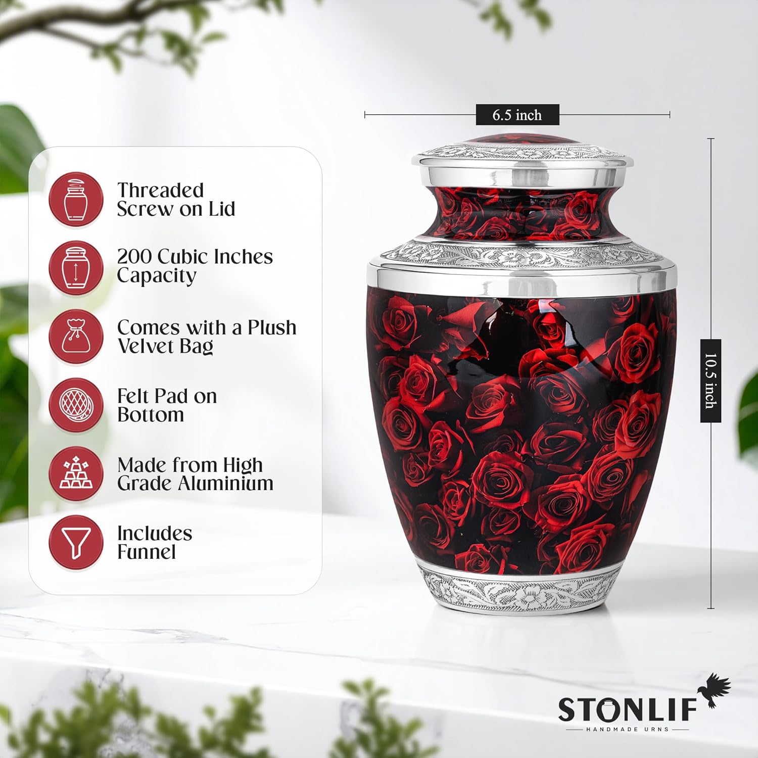 Red Rose Cremation Urn for Human Ashes Adult – Large Decorative Burial Urn for Men & Women – Floral Memorial Keepsake Funeral Urns for Human Ashes for Home Display or Cemetery Burial Aluminum