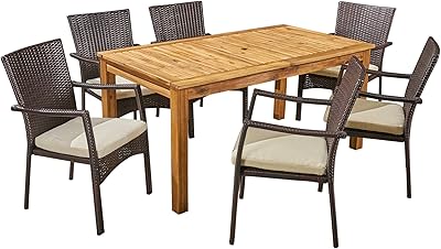 Great Deal Furniture Louis Outdoor 7 Piece Wood and Wicker Expandable Dining Set, Natural and Brown and Crème