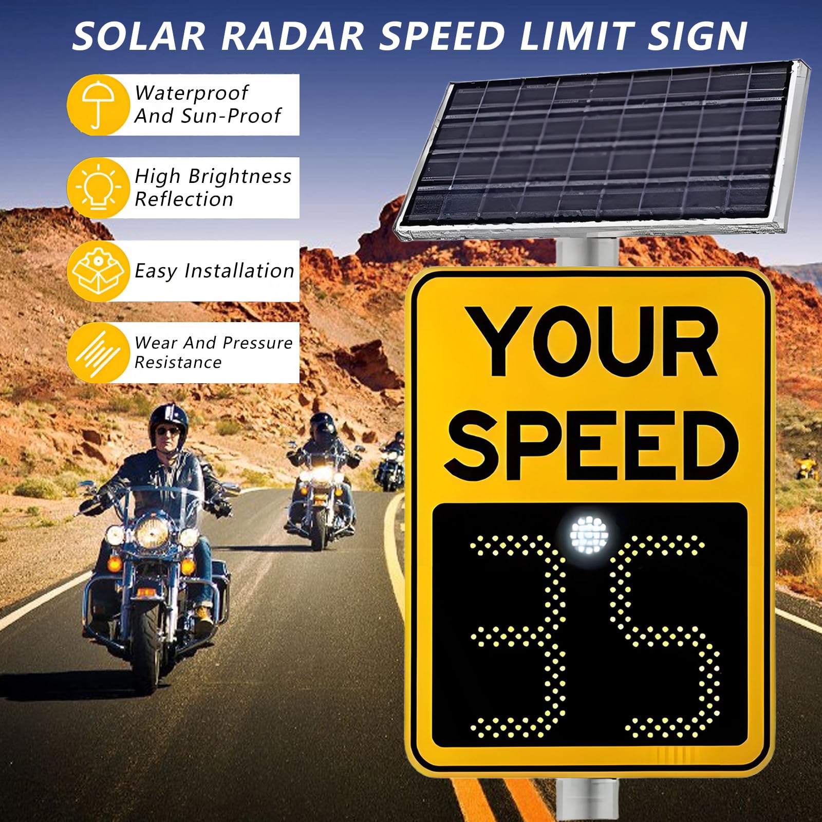 SeñAl De Velocidad Solar con Radar De 61 X 89 Cm, Detector De LíMite De Velocidad para Seguridad Vial, Alerta Roja De Exceso De Velocidad Y Alta Visibilidad Yellow