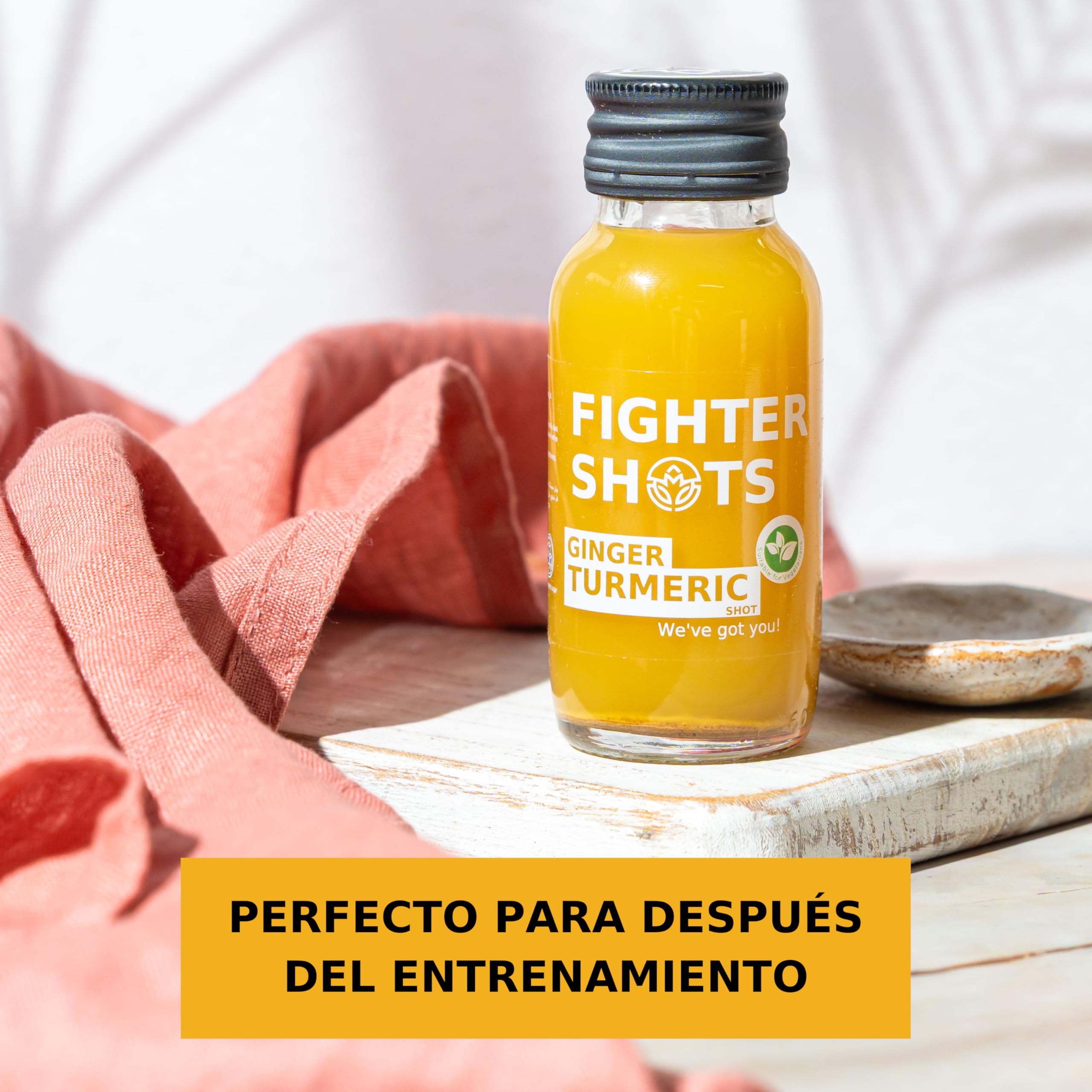Fighter Shots de Jengibre Cúrcuma (12x60ml) | Reduce la Hinchazón | Fortalece el Sistema Inmunológico | 100% Natural | Sin Conservantes | Shots De Cúrcuma Fresco e Intenso