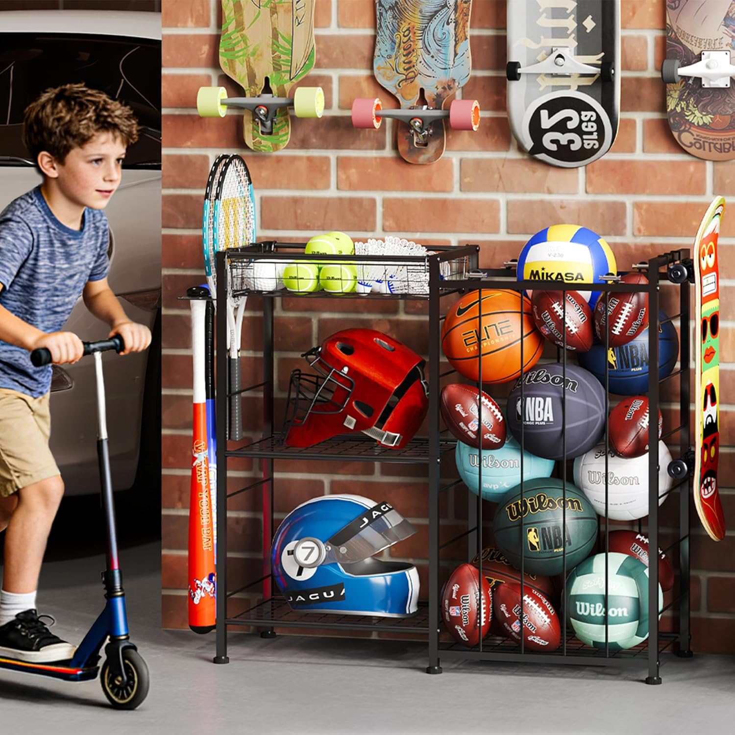 Sports Equipment Organizer, Ball Storage Rack with Elastic Straps and Removable Basket for Garage Organization, Garage Organizer with Hooks for Toy Sports Gear Storage, Sports Ball Storage Cart, Black - Image 4