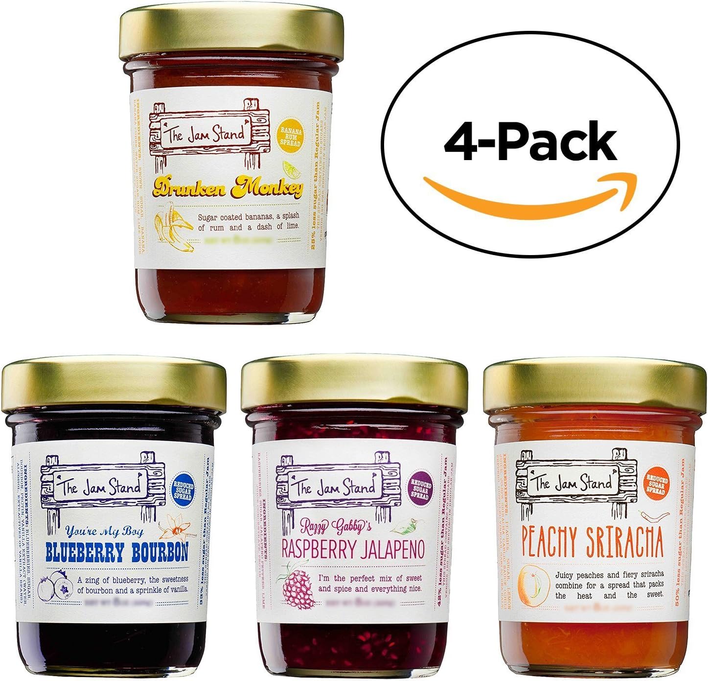 4-Pack Signature Jam Set, Gourmet Jelly Sampler Natural Flavored, Low Sugar (Blueberry Bourbon, Raspberry Jalapeno, Drunken Monkey, Fig Tamarind) (4-Pack (10 oz))