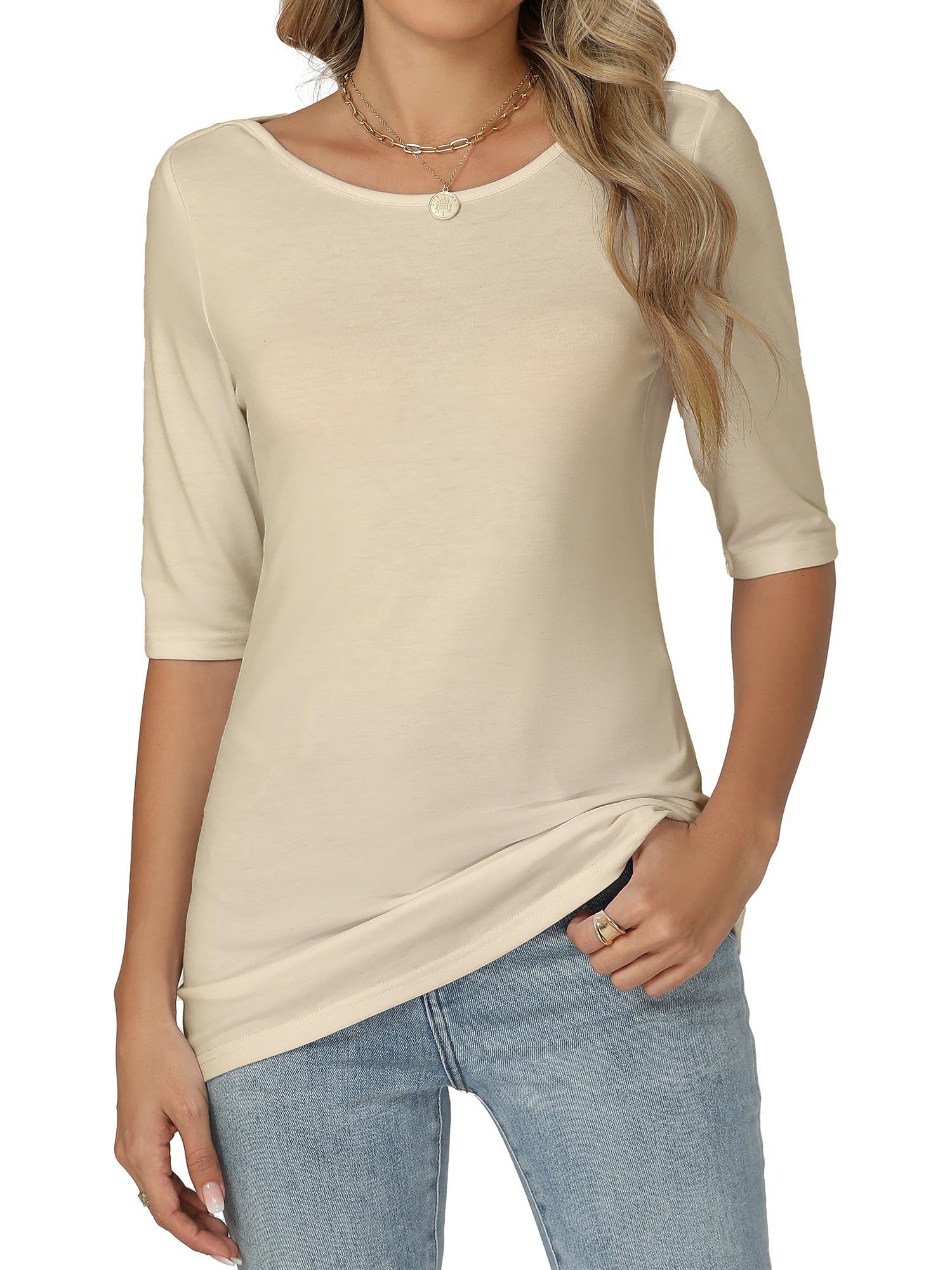 Famrrifuu Damen T-Shirt Halbarm Figurbetontes Oberteile mit U-Boot Ausschnitt Basic Stretch Einfarbige Shirts