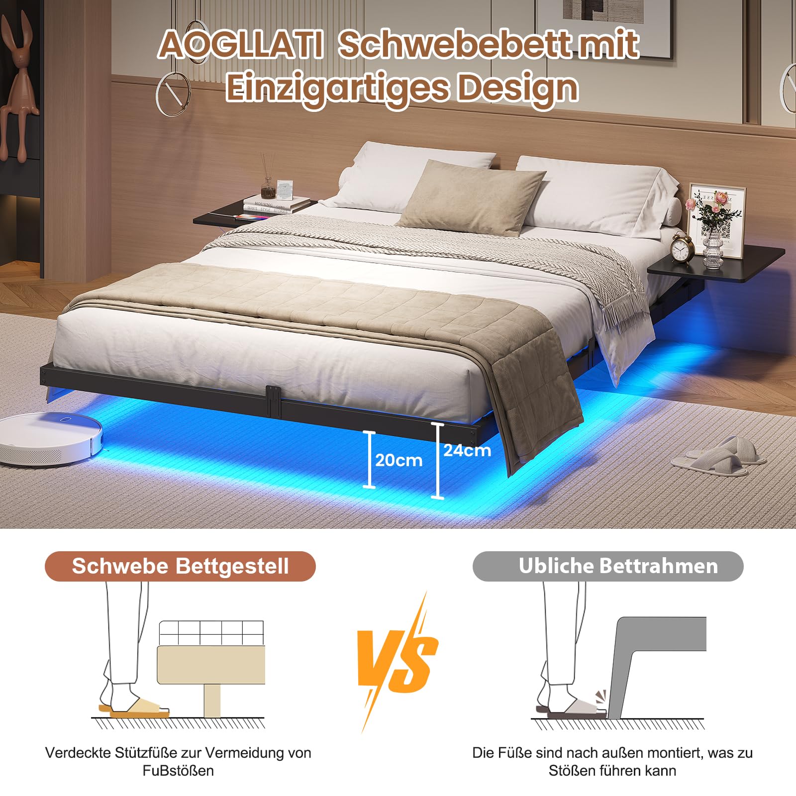 AOGLLATI Bettgestell 140x200 Bett 140x200 aus Metall mit LED Beleuchtung und Ladestation Schwebender Bettrahmen mit Aufbewahrungsregalen Metallbett mit Lattenrost Doppelbett Schwarz (Ohne Matratze)