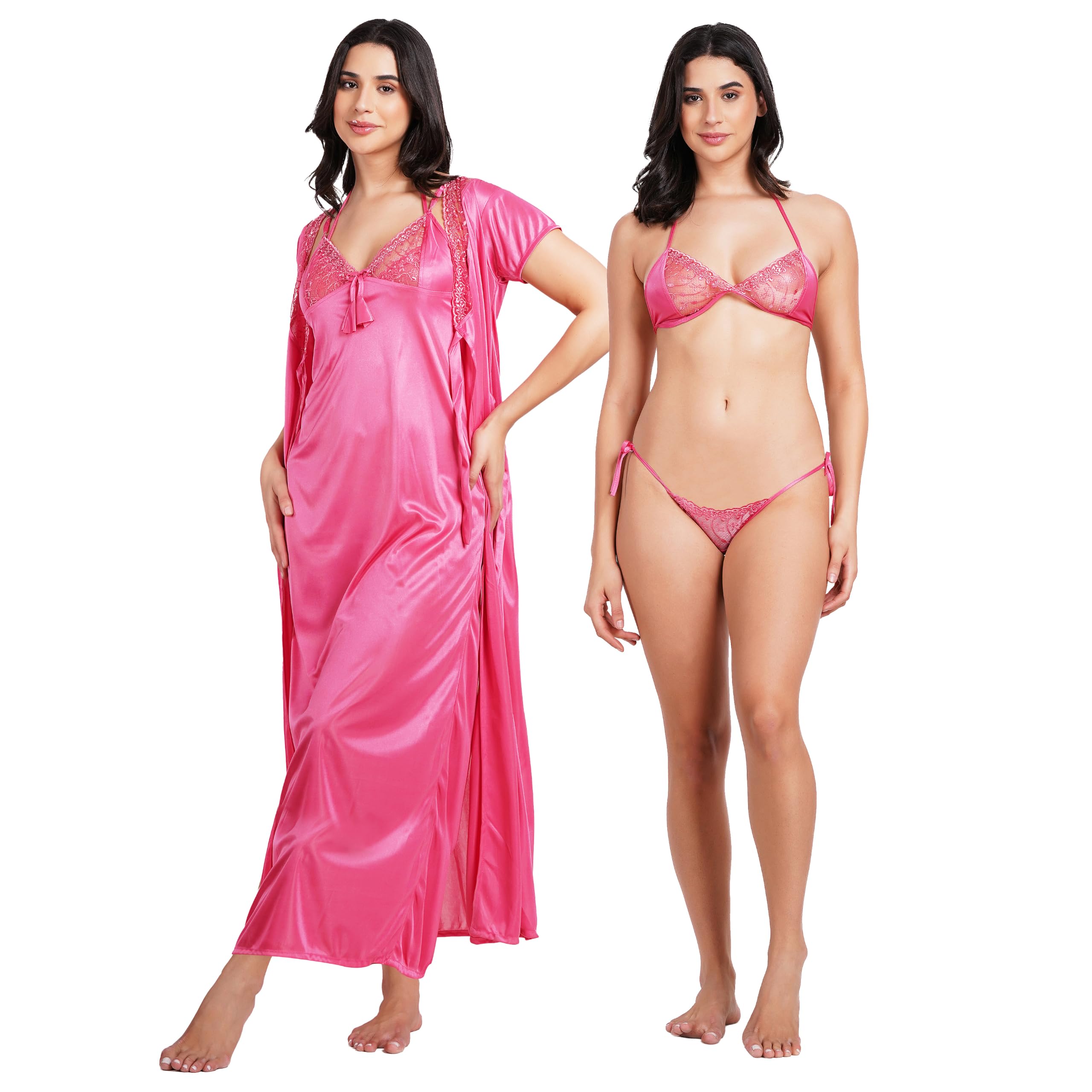 reposey Women's Satin Nighty Set with Robe & Lingerie - Pink - Free Size-picture-40
