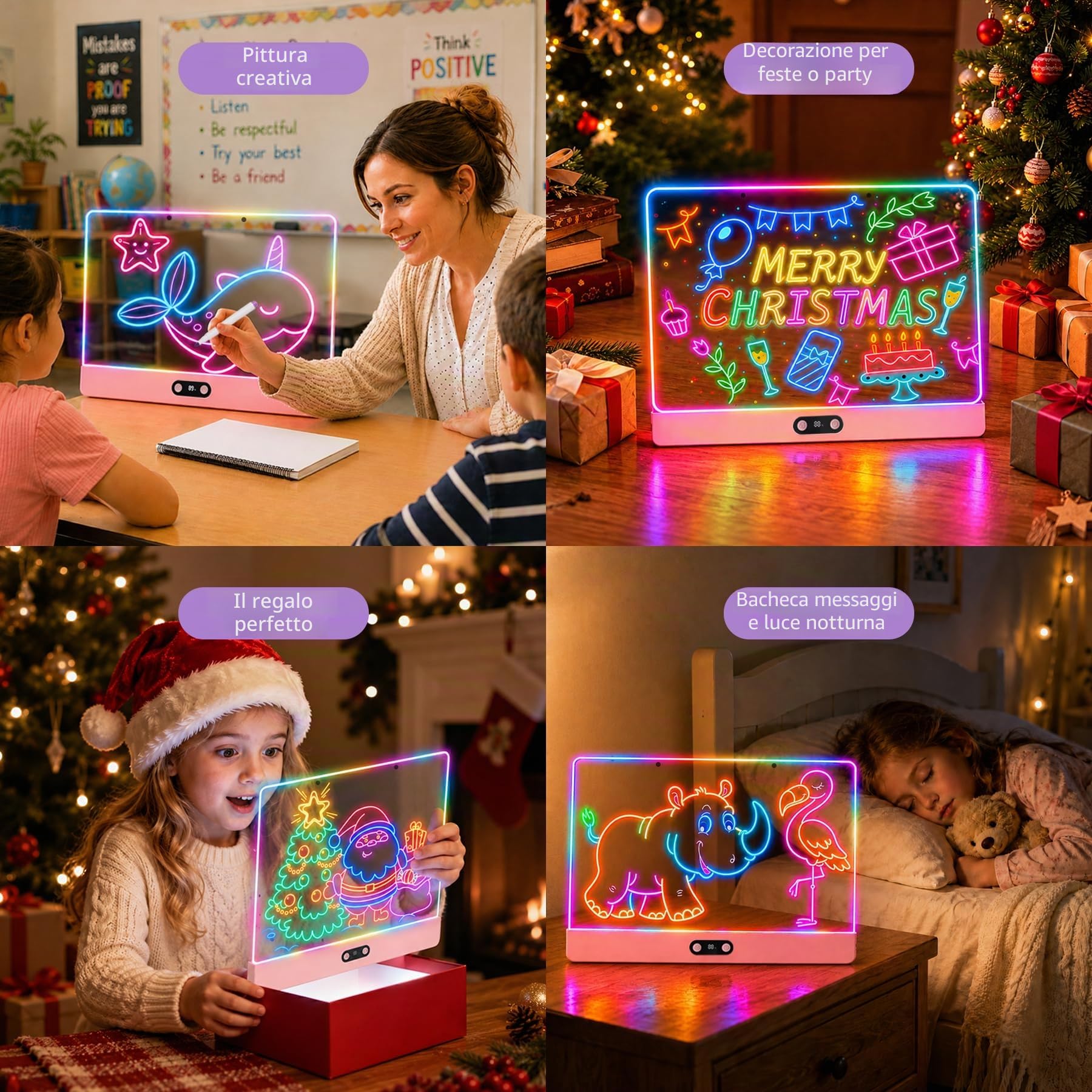 Lavagna LED Acrilica Riutilizzabile | 35x26cm Rosa, 8 Colori, 7 Pennarelli, Display Batteria Digitale, Lavagna Luminosa per Bambini, Ufficio, Bar