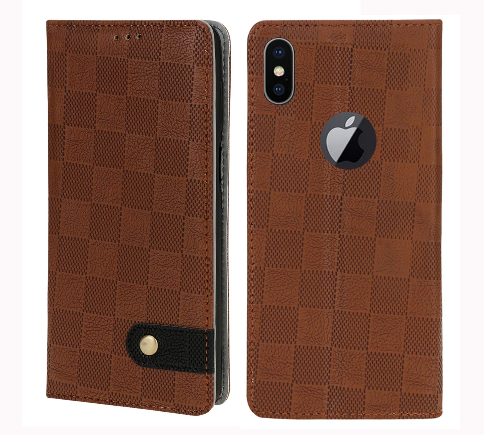 MG Star flip Cover for iPhone Xs PU Leather Flip Case Cover with Card Holder and Magnetic Stand-{(Brown)-(Shockproof)}