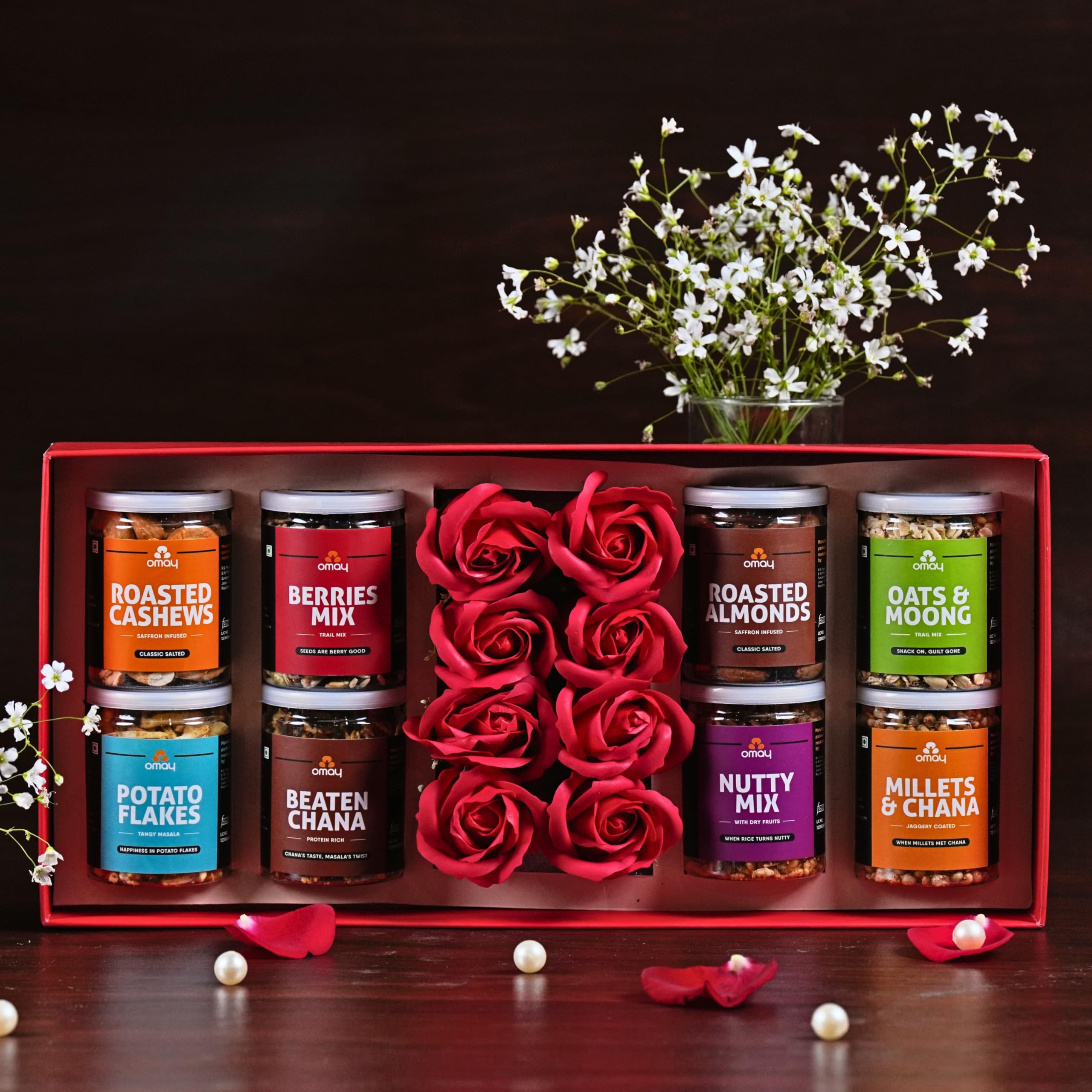 Omay Foods 16 Pcs Nourishing Serenity Valentine's Day Gift Box | Roasted Snacks, Dry Fruits & Artificial Roses | Birthday Gift for Girlfriend, Wife, Husband | Gift Hamper for Couples | Marriage Anniversary Gift | Gourmet Snack Hamper