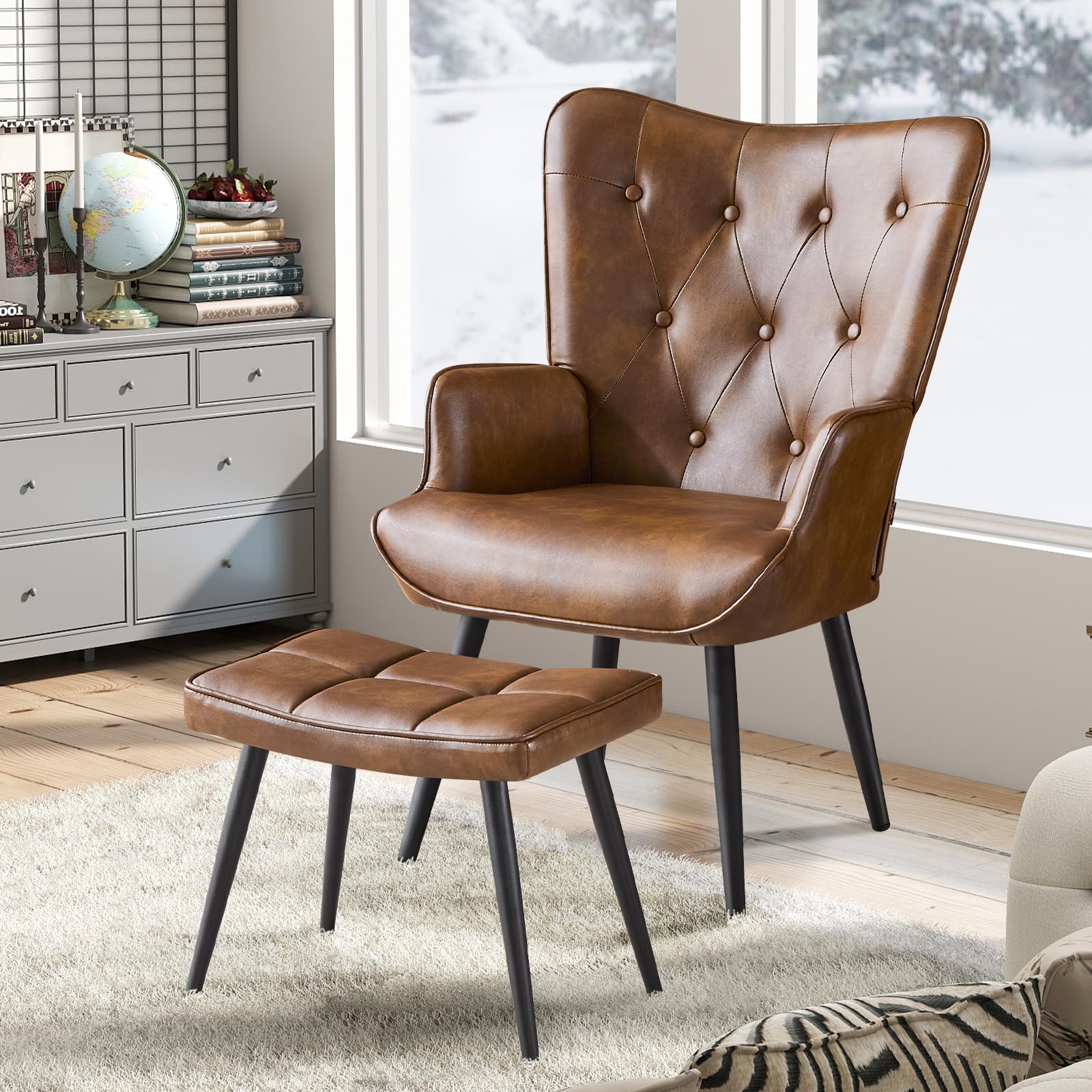 Sessel mit Hocker, Ohrensessel mit Hocker aus PU-Kunstleder, Sessel Wohnzimmer Relaxsessel mit Fußstütze Loungesessel Polstersessel fürs Wohnzimmer Schlafzimmer Arbeitszimmer, Braun