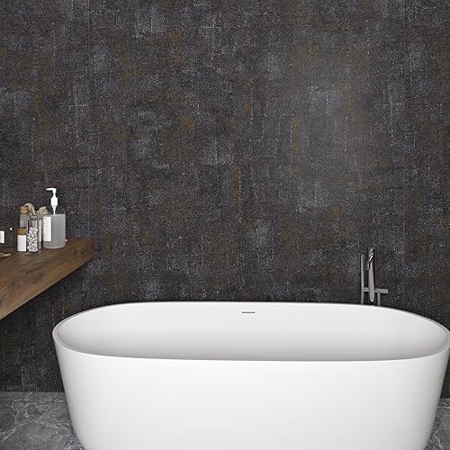 Miniatura 5 de Livelynine Papel tapiz de hormigón negro para despegar y pegar con acento dorado, papel de contacto para gabinetes, impermeable, 15.8 x 78.8