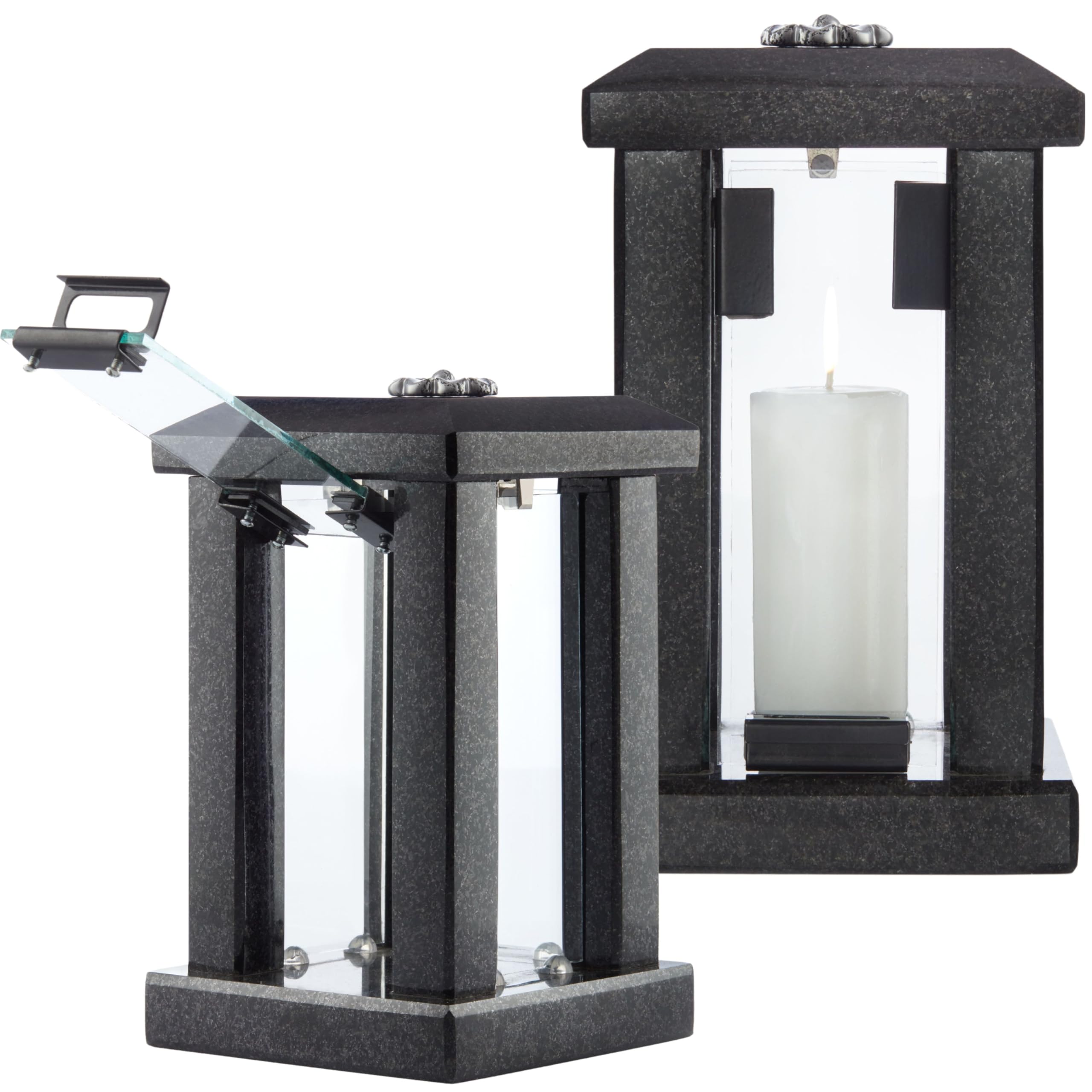 Novecrafto Black Large Granite Candle Lantern With Flower Decor – H 22.6" (32Cm) Polished Stone - Heavy & Elegant Indoor Or Outdoor Lantern, Versatile Use For Garden, Terrace, Or Home - Square Modern Design