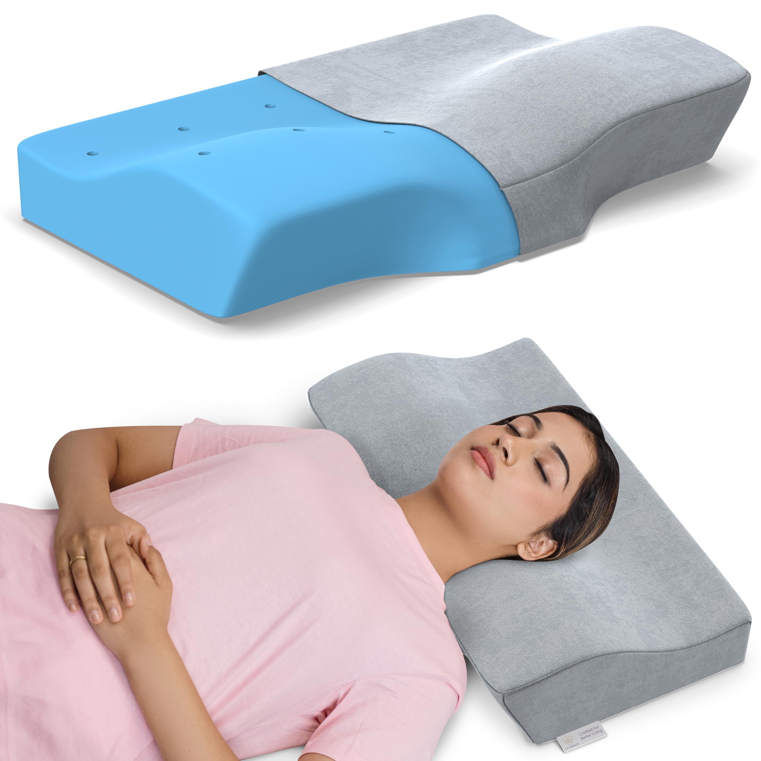 MY ARMOR Cervical Pillow for Neck Pain | 2 Years Warranty | Grey Velvet