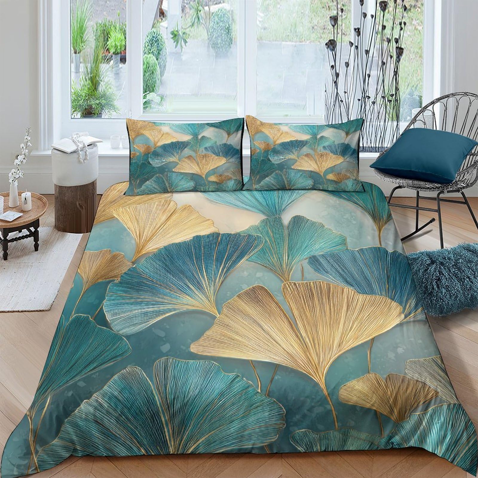 TUFRTGYHN 3D Printed Ginkgo Leaf Duvet Cover Set Microfiber Teal Gold Botanical Quilt Cover with 2 Pillowcases for Bedroom Home Decor Single（135x200cm）