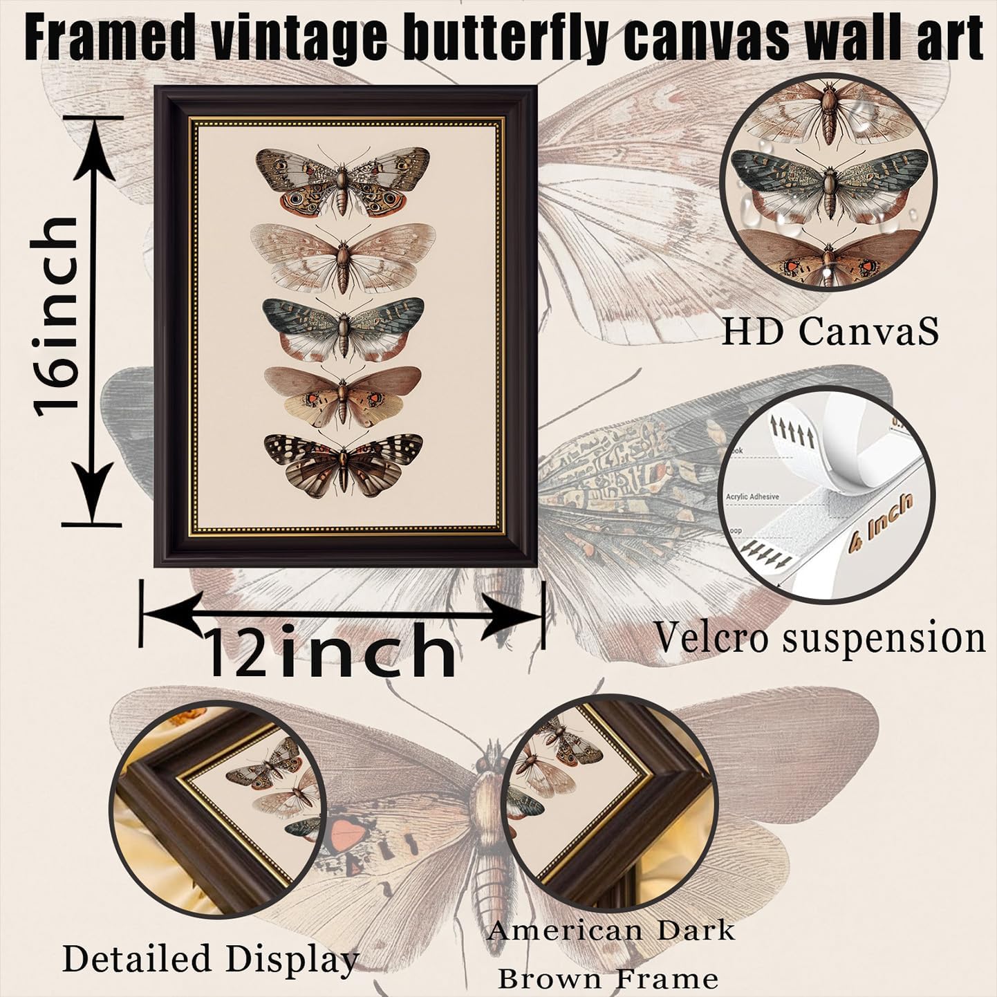 yunjulp Vintage Framed, Moody Butterfly Wall Art,Retro Butterfly Illustration Room Decor,Dark Moody Insect Canvas Picture,Antique Moth Artwork for Cottagecore Living Room Bedroom Decoration 12x16 Inch