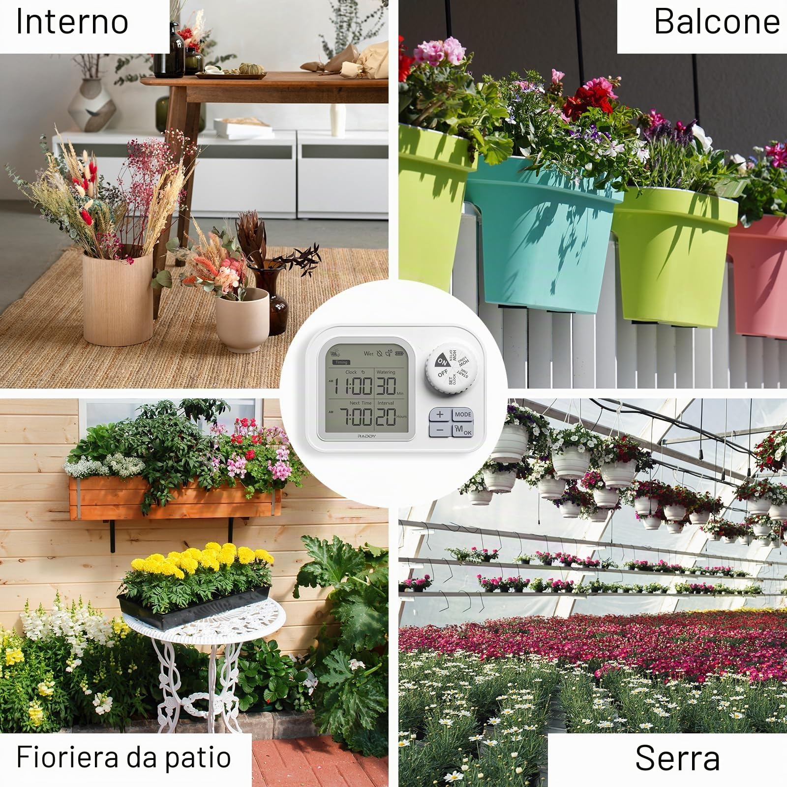 Raddy WS-7 Irrigazione automatico solare, Sistema di irrigazione per 15 piante in vaso, Rilevamento automatico dell'umidità del terreno, 2600 mAh batteria, IPX7 per interni ed esterni, balconi