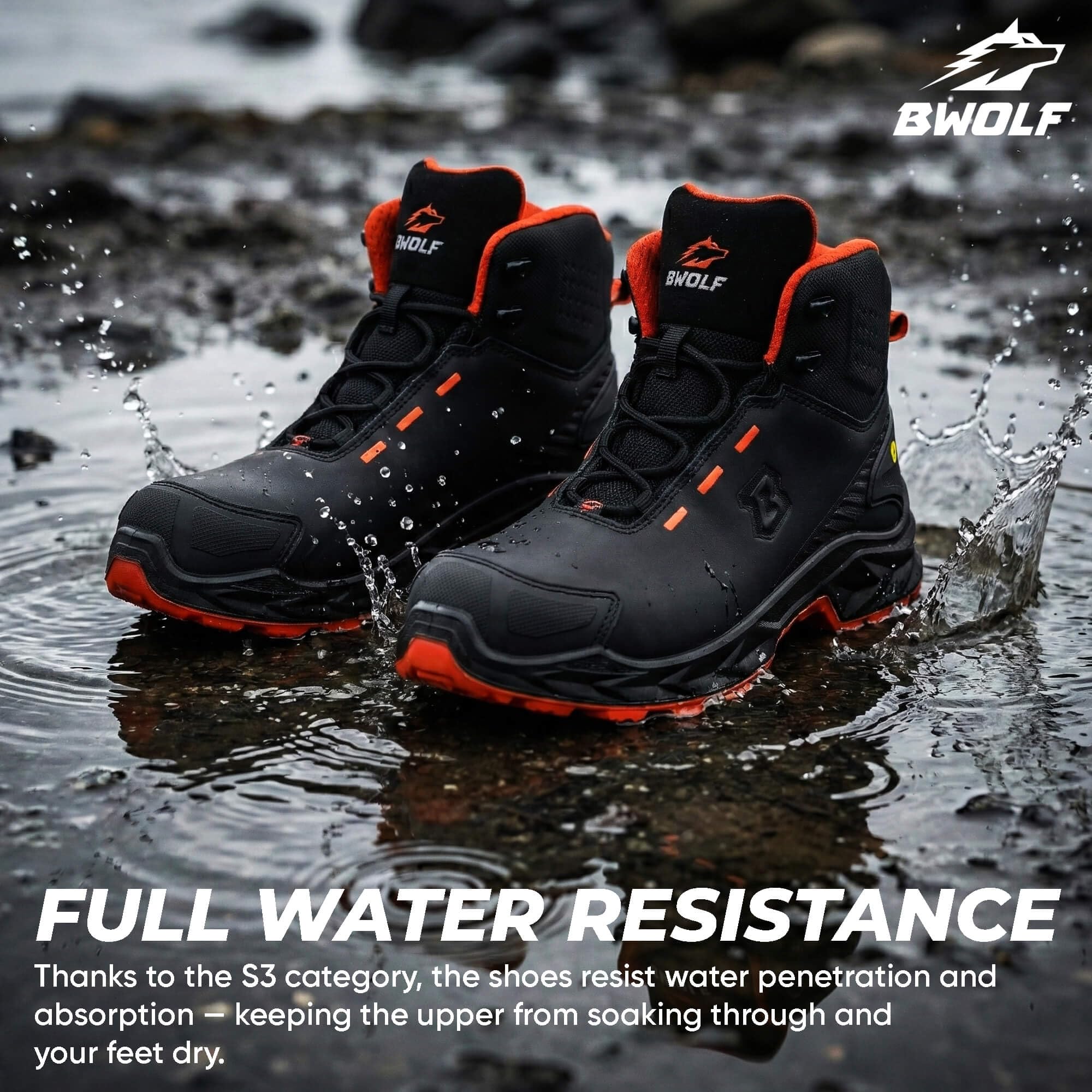 BWOLF Falcon HI S3S męskie buty robocze – czarna gładka skóra, aluminiowy nosek, podeszwa środkowa kevlar, ochrona ESD