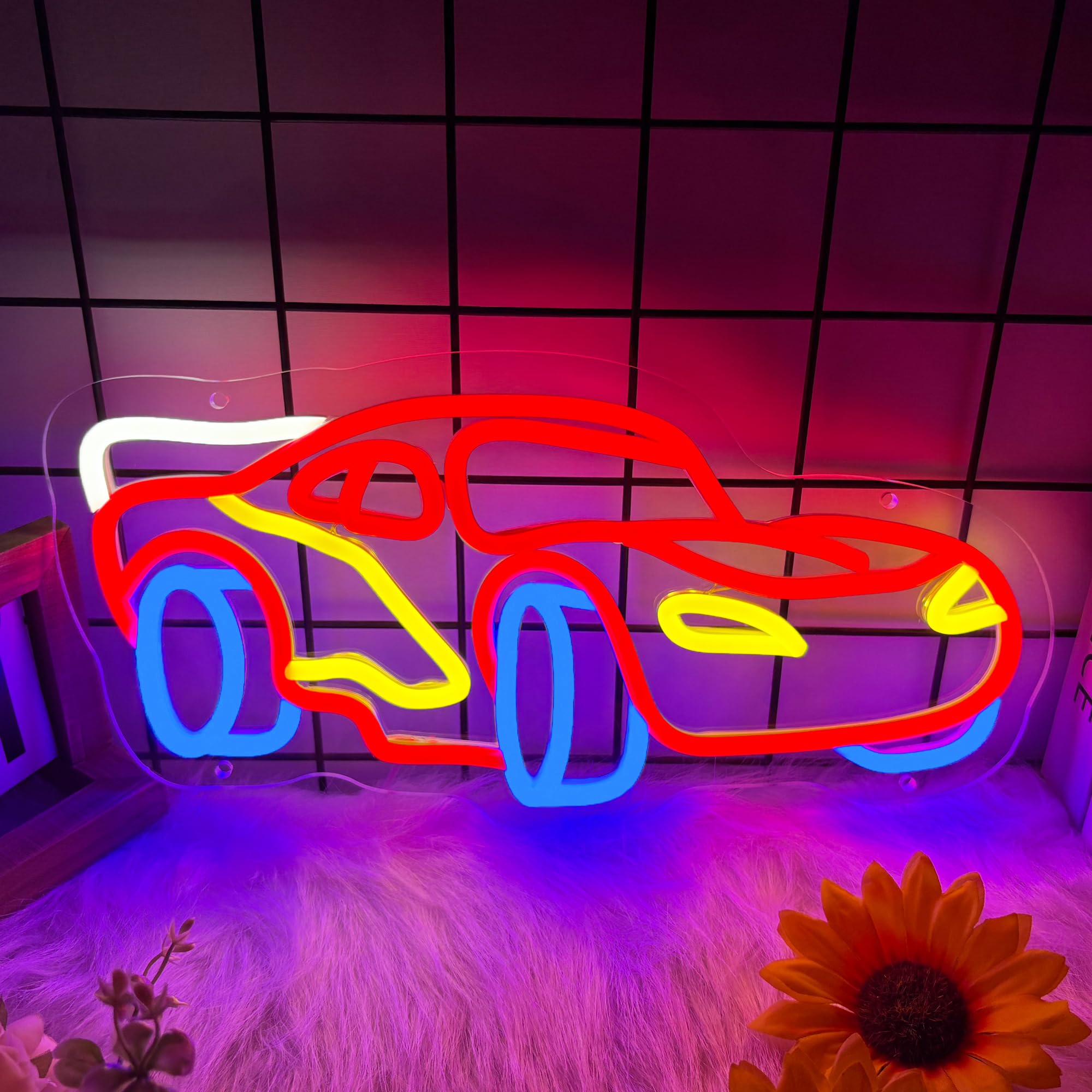Photo 1 of Car Neon Sign for Wall Decor, Racing Car Neon Led Sign, Dimmable Neon Light Sign for Bedroom Playroom Birthday Party, Gift for Racing Fans