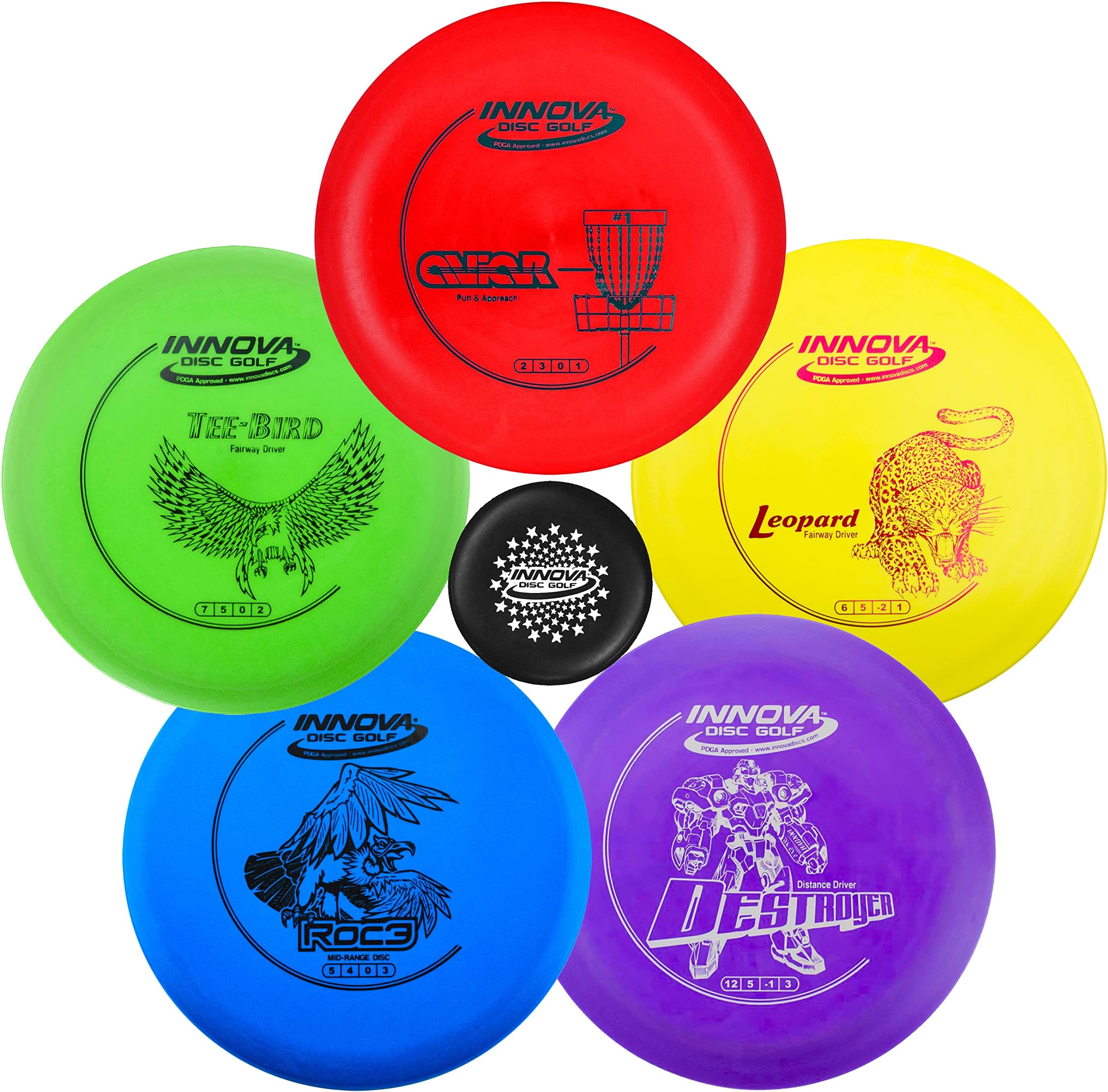 Starter Set –Colors May Vary 160-180g – Includes Putter, Mid Range, 2X Fairway Drivers, Distance Driver, Mini Marker Beginner Disc Golf Set