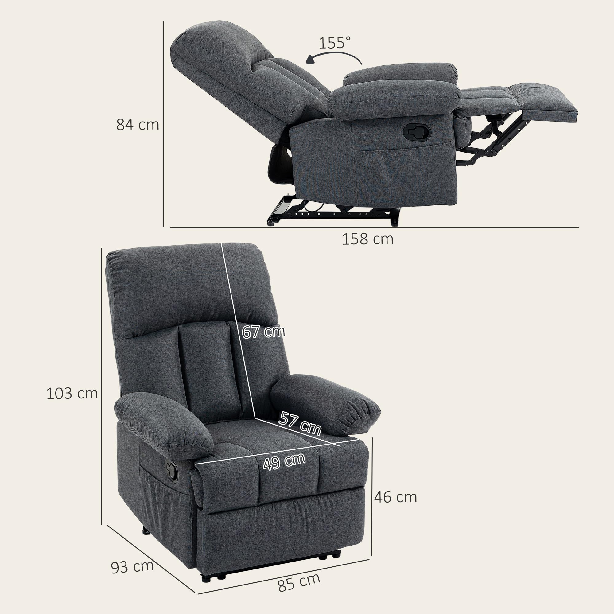HOMCOM Sillón de Masaje Reclinable 8 Puntos Calefacción Lumbar Gris Oscuro | Sillón Relax, Mando a Distancia, Asiento con Muelles, Bolsillos Laterales, Tejido Efecto Lino