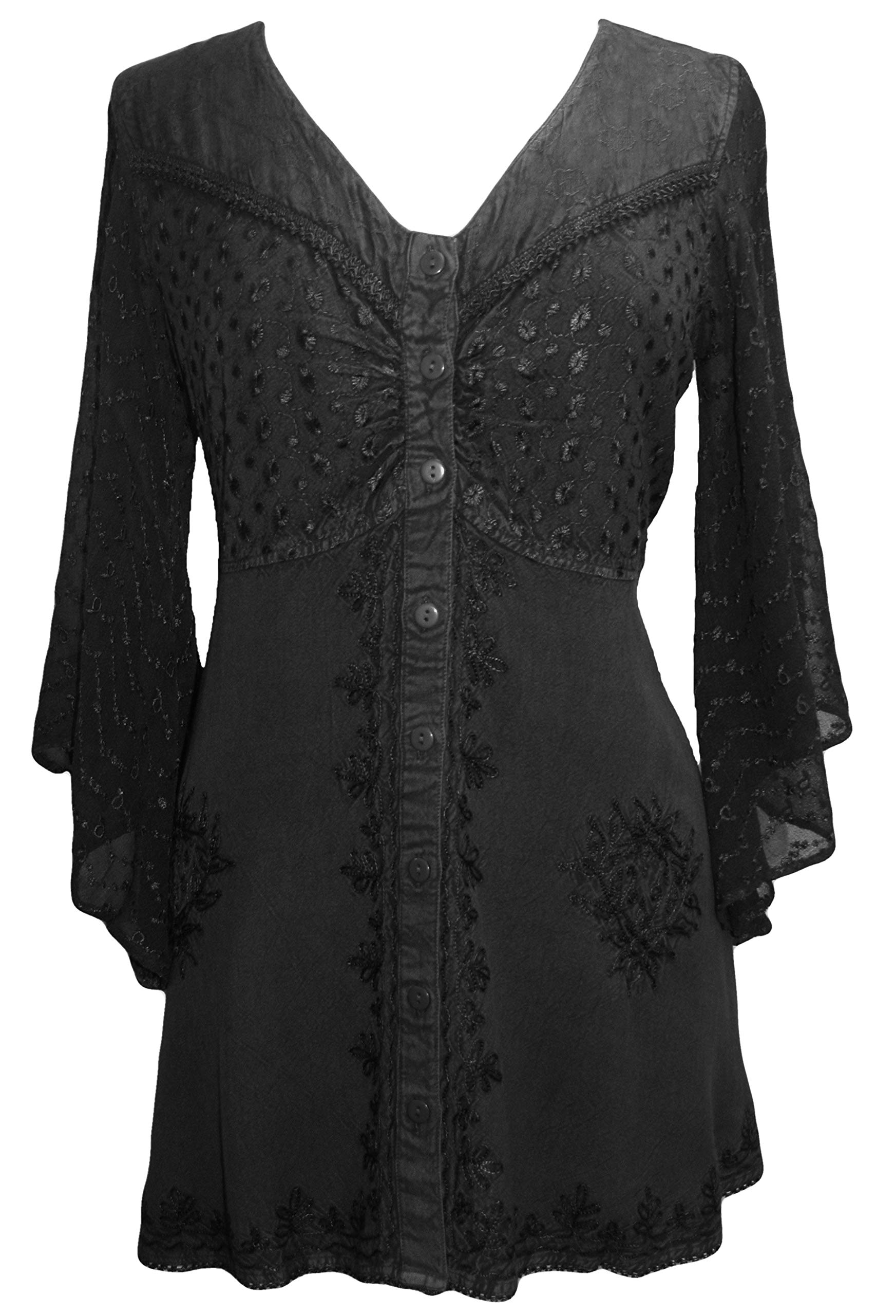 Agan Traders Women's Long Sheer Bell Sleeve V Neck Button Down Medieval Embroidered Top Blouse Tunic