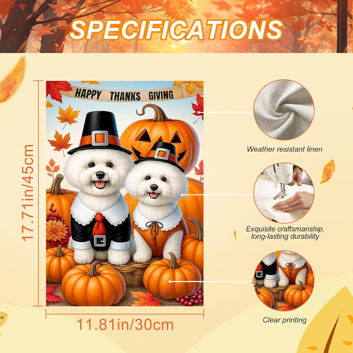 IVN Fall Thanksgiving Garden Flag 12x18 Inch Double Sided White Dogs Pilgrim Outfits Pumpkins Fall Yard Flag for outside Home Front Door Lawn Porch Patio Welcome Decor - Image 3