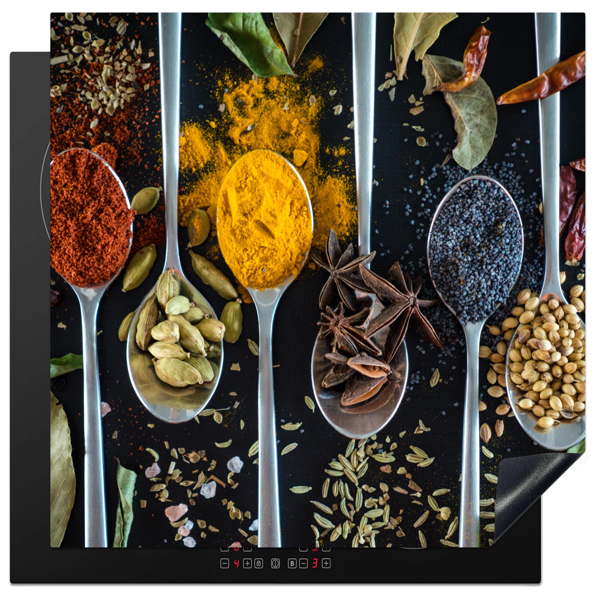KitchenYeah© Induction Hob Protector Mat 30.7"x30.7" / 78x78 cm Cooker Top Protectors Cover Ceramic Covers Electric Hobs Vinyl Herbs - Spoon - Spices - Black - Kitchen