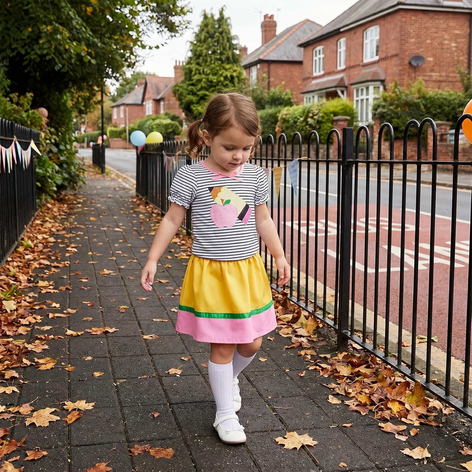 KMBANGI Toddler Girl Back to School Outfit Apple Pencil Puff Sleeve Striped T-Shirt Color Block Skirt Kids Preschool Clothes