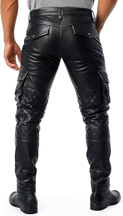 Men's Leather Pants Biker Joggers Black Leather Quilted Cargo Trousers Motorcycle Pants