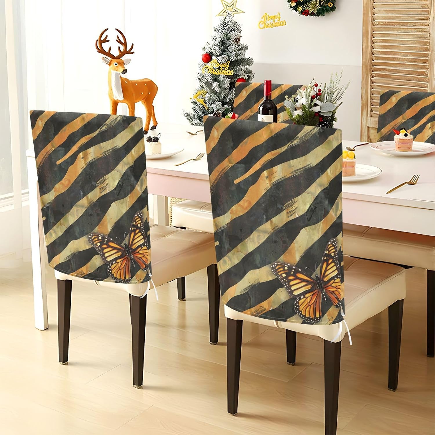 ALAZA Tiger Stripes Butterfly Chair Back Cover Set of 6, Washable Reusable Removable Chair Slipcovers Decorative Chair Cover for Home Kitchen Wedding Party