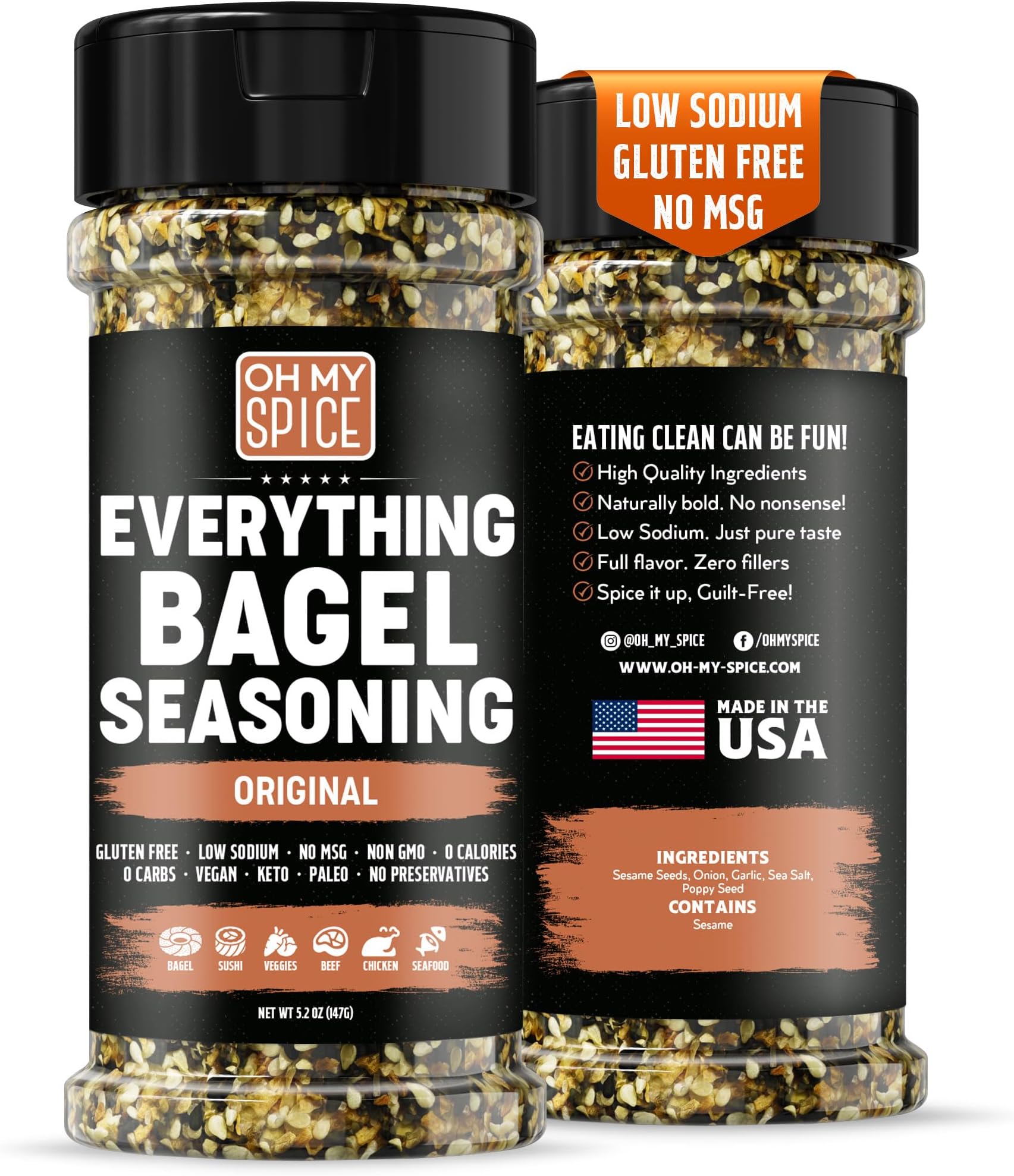 Everything Bagel Seasoning Blend - Gluten Free & Low Sodium Avocado Toast Seasoning. Vegetable Seasonings with Spices & Toasted Sesame Seeds. Egg, Meat & Salmon Keto Seasonings. Salad Toppings. 5.2oz