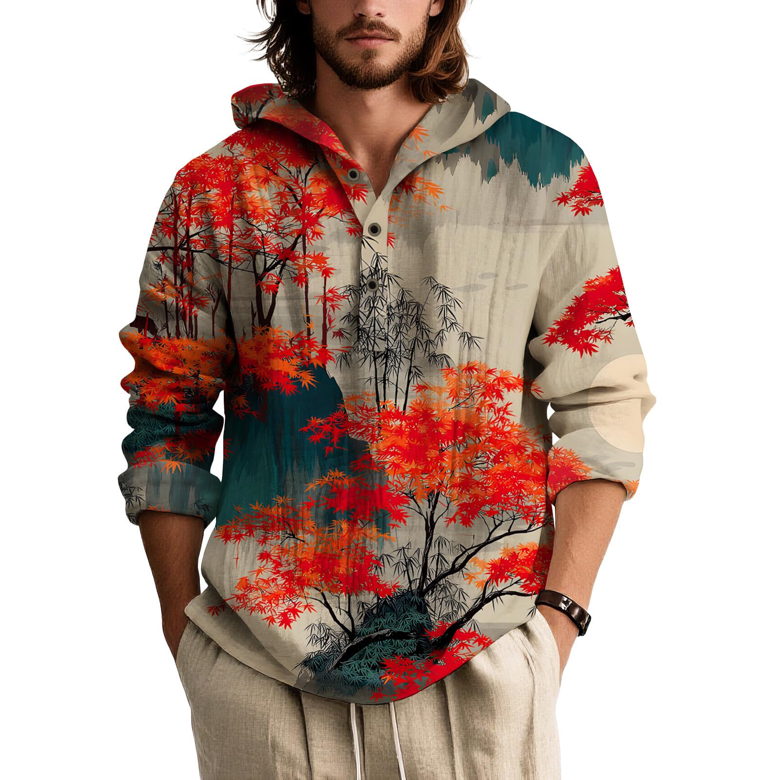 Mens Long Sleeve Button Down Shirt Japanese Art Print Relaxed Fit Casual Top Artistic Style Navy Black