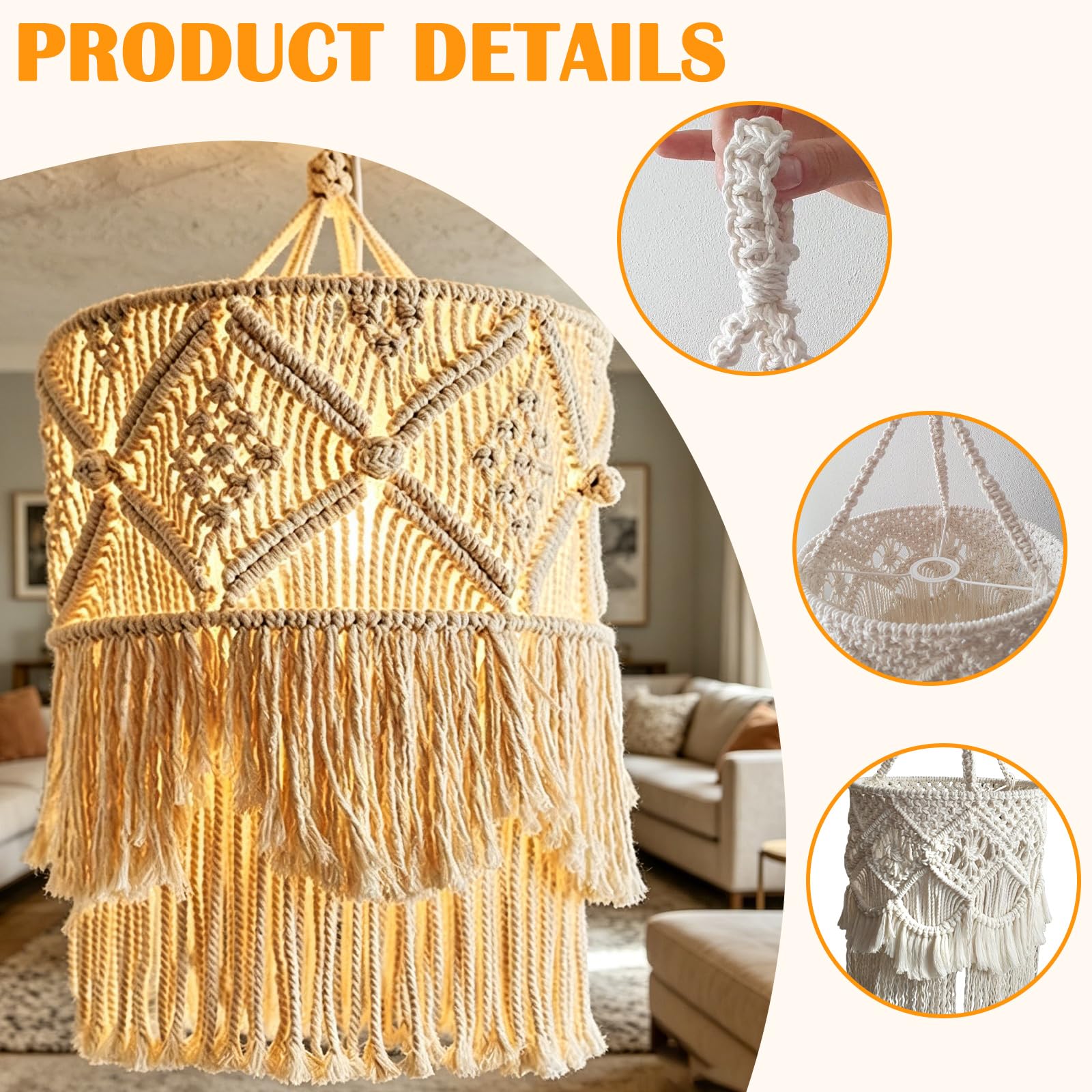 Makramee-Lampenschirm, Hand Gemachte Lampenschirm Zum Aufhängen, Makramee Lampenschirm, Boho Lampenschirm Zum Aufhängen Lampenschirms Böhmen Für Wohnzimmer Schlafzimmer Wanddeko