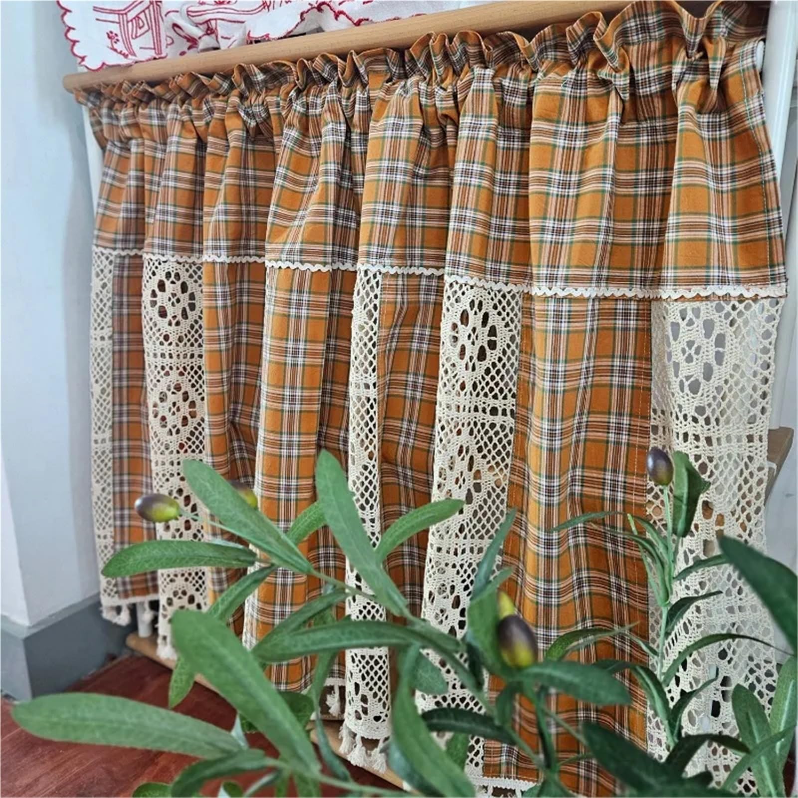 Kurzgardine Kurzer Vorhang aus kariertem Baumwollstoff mit Lochmuster for Küchenschränke, Landhausstil