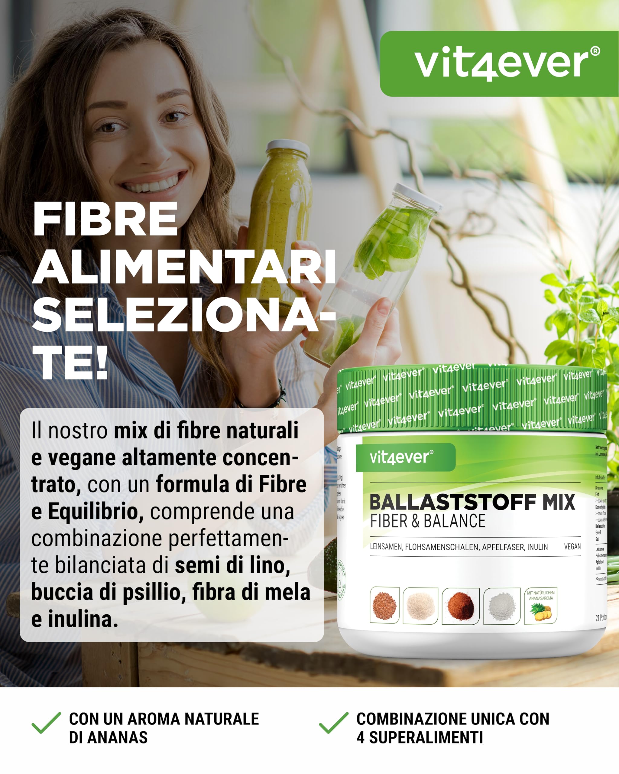 Combinazione di fibre alimentari - 400 g di polvere con bucce di psyllium, inulina (prebiotico), polpa di mela, semi di lino - Alto contenuto di fibre alimentari - Vegan - Con aroma naturale di ananas