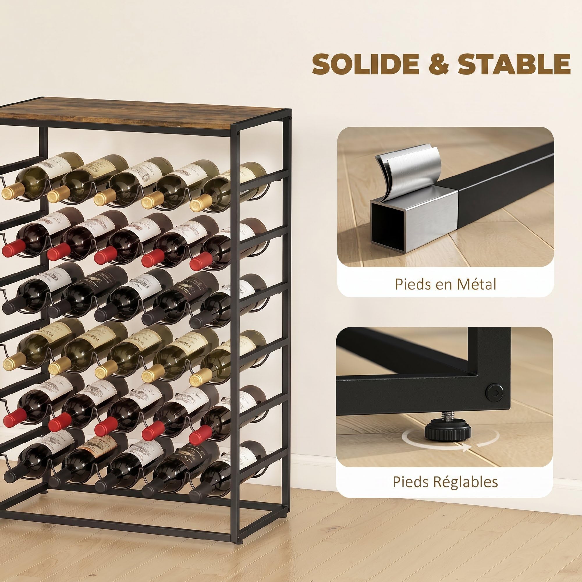 HOMCOM Casier à Bouteilles pour 30 Bouteilles, étagère à vin avec 6 Niveaux avec Plateau Effet Bois, Style Industriel, casier à vin en métal, pour Cave, Bars, sous-sols, 59x30x88,5cm, Brun Rustique