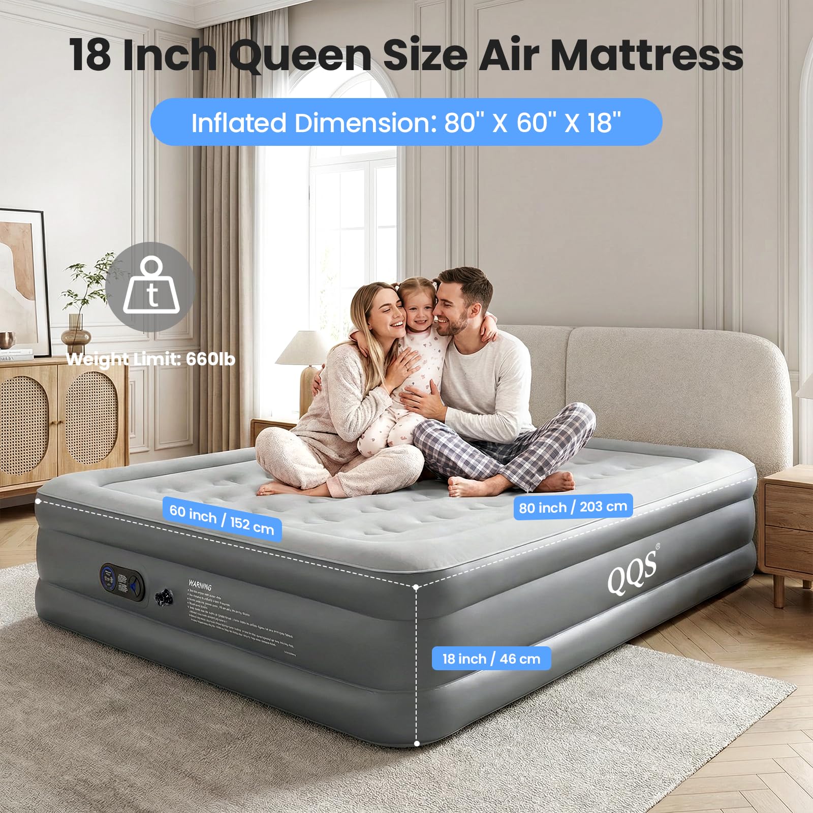 Colchón de aire Queen con bomba integrada, cama inflable elevada de 18 pulgadas | Colchón inflable autoinflable de 220/660 libras con bolsa de transporte para invitados, hogar y campamento