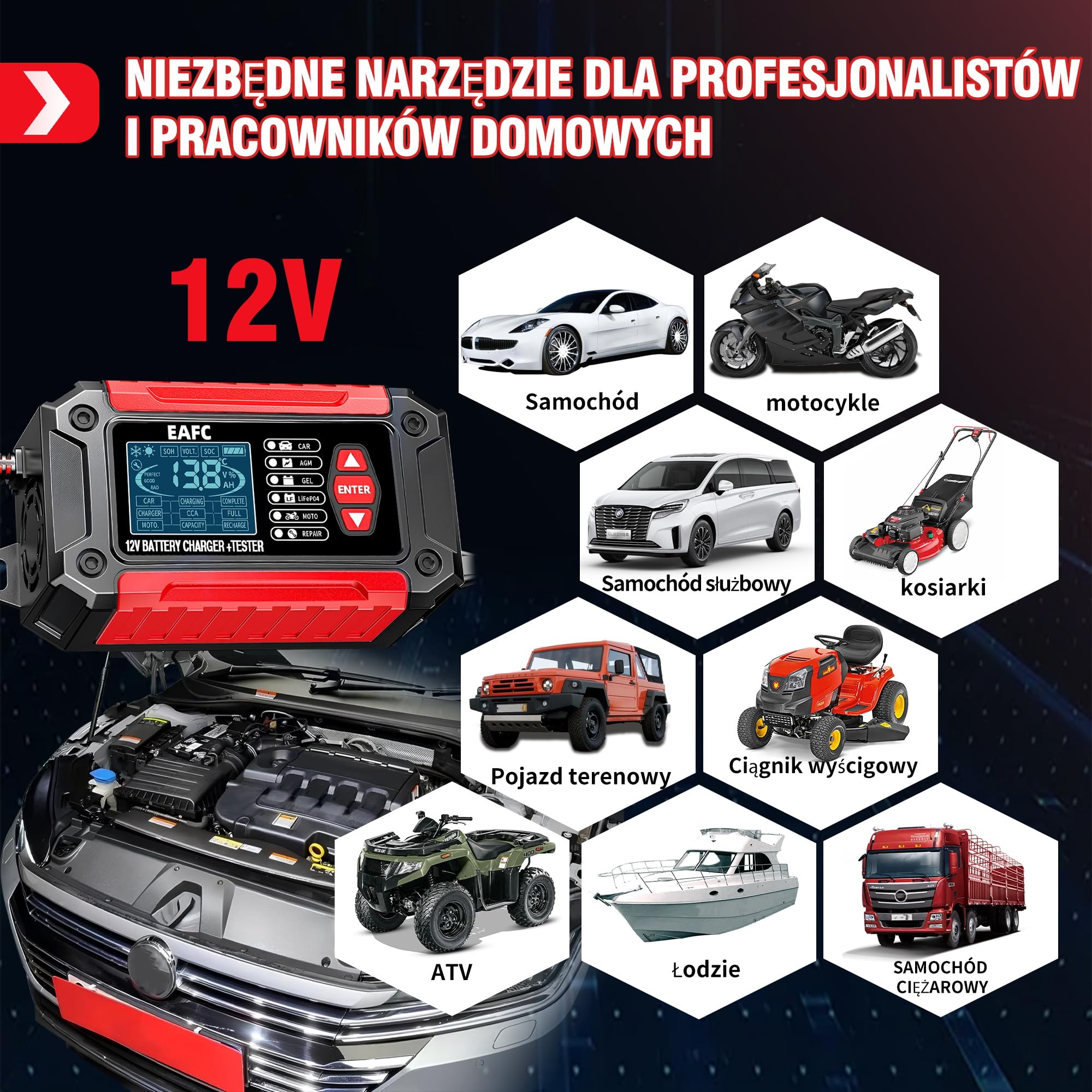 12 V ładowarka do akumulatora samochodowego, 6 A, tester baterii 100 – 2000 CCA 4 – 120 Ah, ładowarka do akumulatorów, analizator, kompatybilna z ołowiem 12 V, AGM, żelem, do samochodu, SUV, motocykla