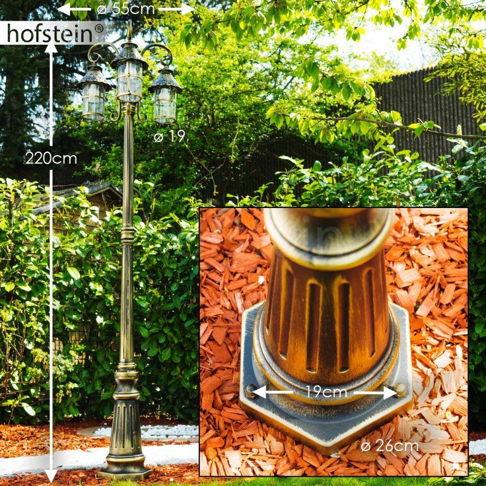 Lampada da esterno Tolep, candelabro in stile antico, metallo in marrone/oro, con vetri veri, lampada da sentiero a 3 bracci da 220 cm, lampada da giardino retrò/vintage, E27, IP44, senza lampadina/e