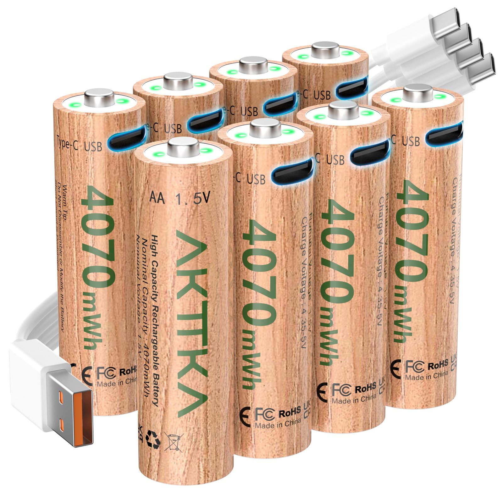 Juego de 8 Pilas AA de Litio 4070 mWh, 1,5 V, con Cable de Carga USB C 5V/2A de 1 a 4, Gran Potencia para mandos de Juegos, cerraduras de Puertas Inteligentes, cámaras de vigilancia