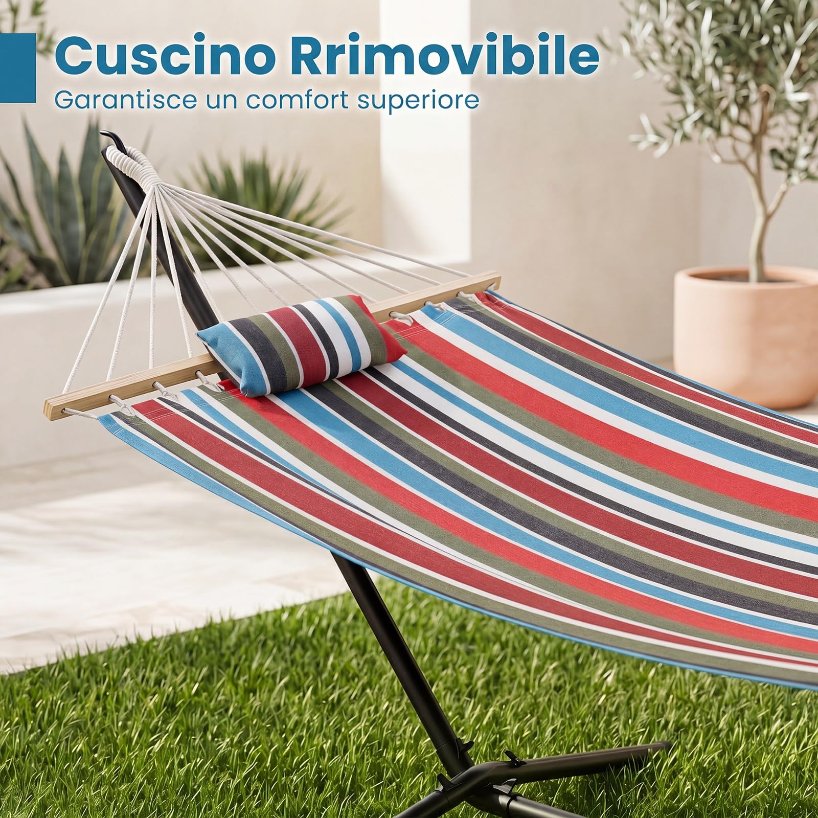 COSTWAY Amaca da Giardino con Supporto in Metallo, con Cuscino Rimovibile | Amaca da Esterno Portatile in Telo Cotone con Borsa, 200 kg, per Spiaggia, Campeggio e Terrazza