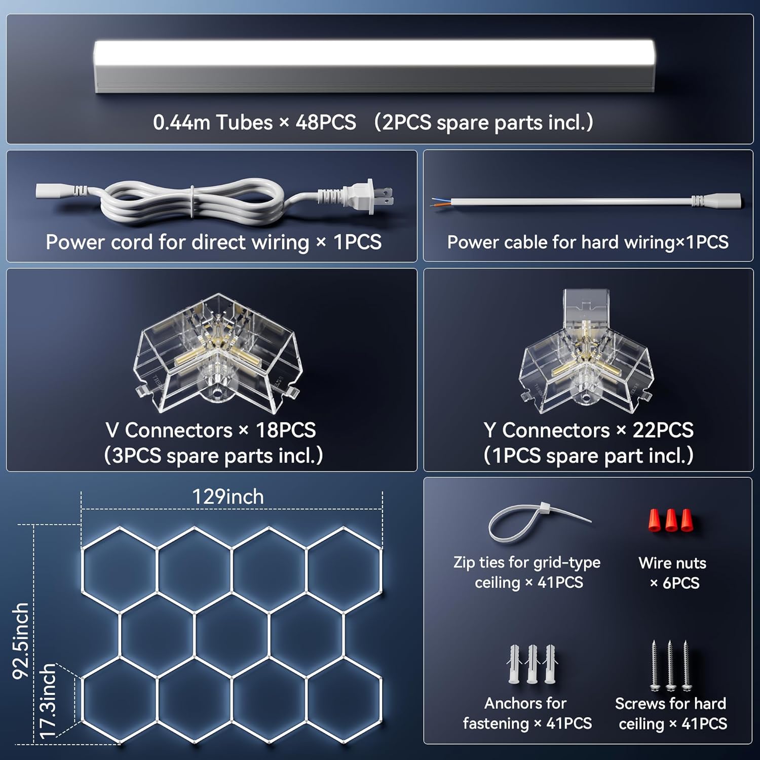 MODERN 11Grids Hexagon Garage Light: 48Pack 384W 47000LM High Brightness Hexagon Garage Lights-Easy Install Honeycomb Ceiling Lights for Warehouse, Gym Basement, Exhibition Hall