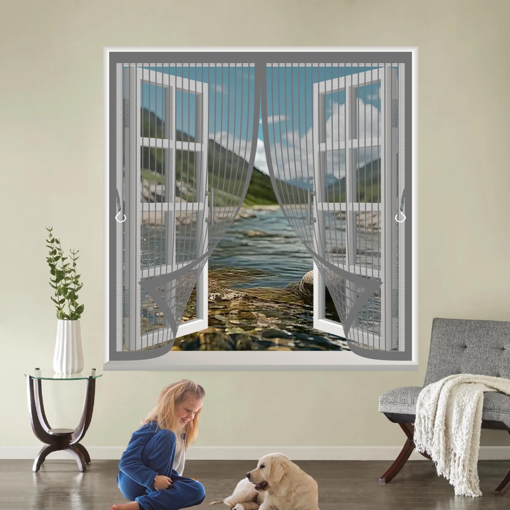 Zasłona Magnetyczna 114 x 117 cm Z Silnymi Magnesami I Taśmą Magiczna, Chroni Przed Owadami I Zapewnia Dopływ Świeżego Powietrza Siatki Na Tarasy Do Wszystkich Typów Okien, Szary